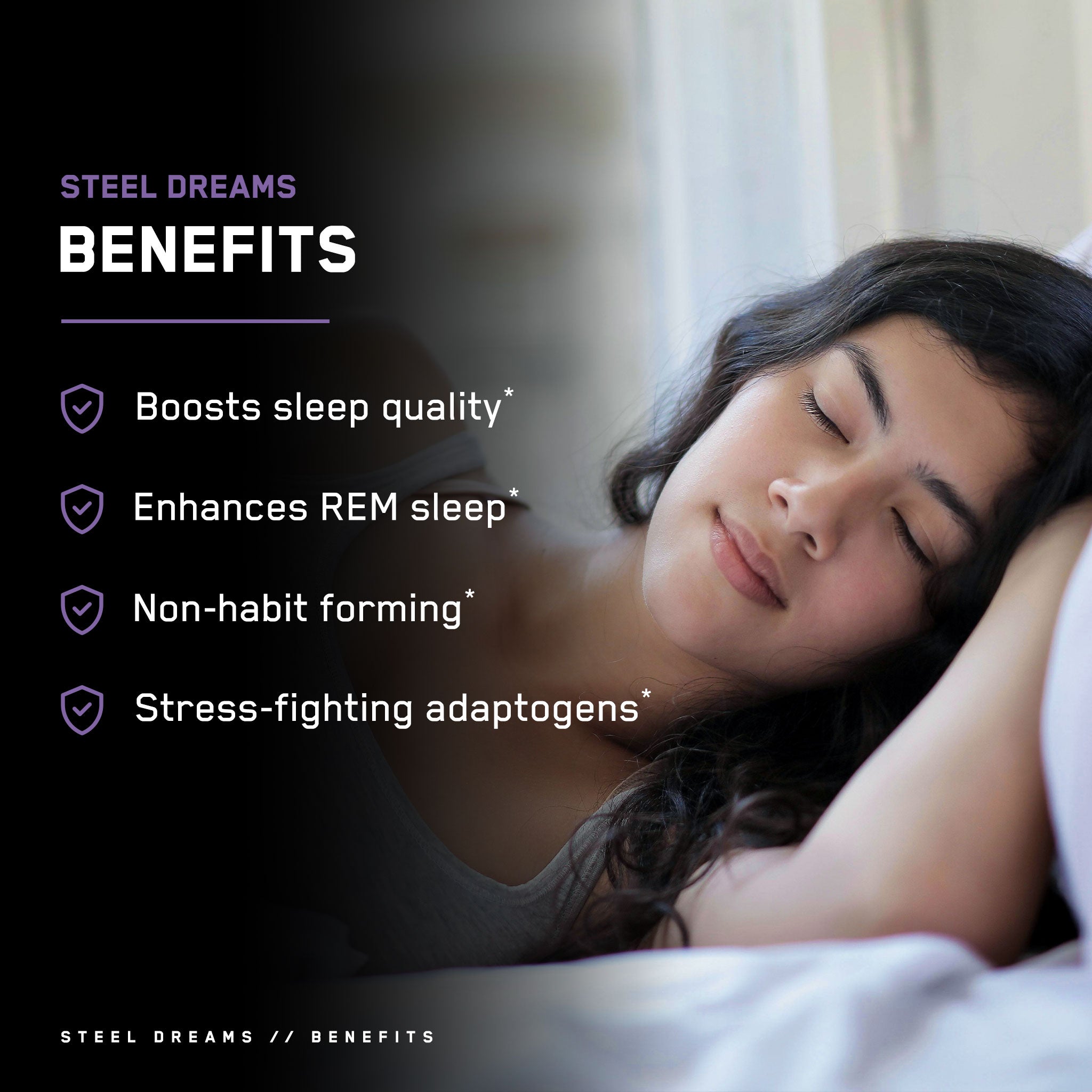 Steel Dreams® sleep aid depicted with a resting woman, highlighting its natural, non-habit forming benefits for improved sleep quality and stress reduction.