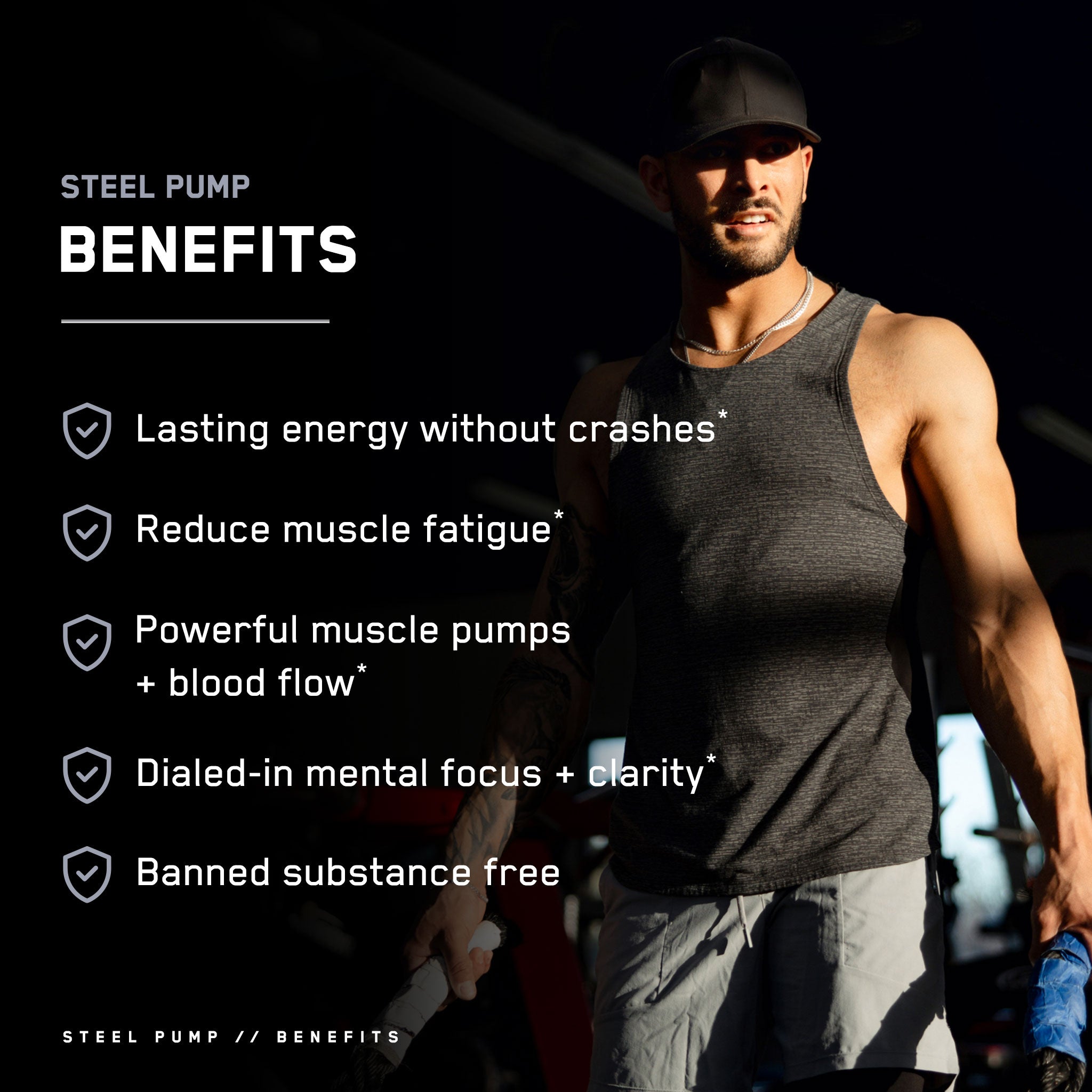 Man in a tank top holding Steel Pump® pre-workout supplement, designed to boost energy and endurance for intense training sessions.