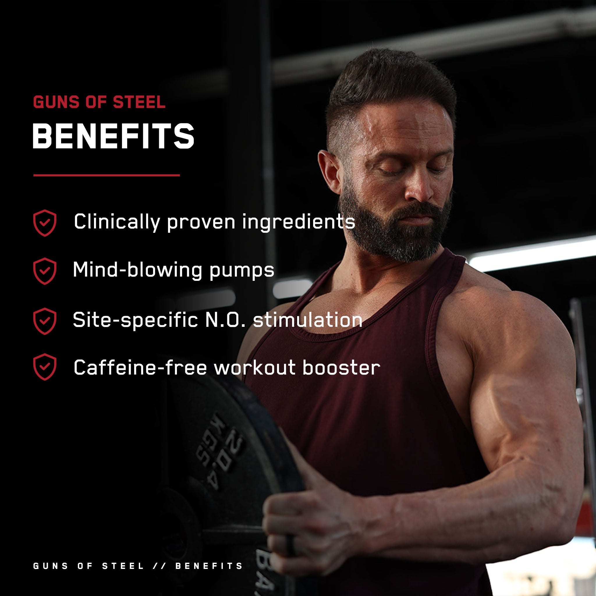 Man lifting weights in gym, showcasing Guns of Steel® Hot Action Pre-Training Liquid, designed for enhanced muscle responsiveness and intense workout performance.