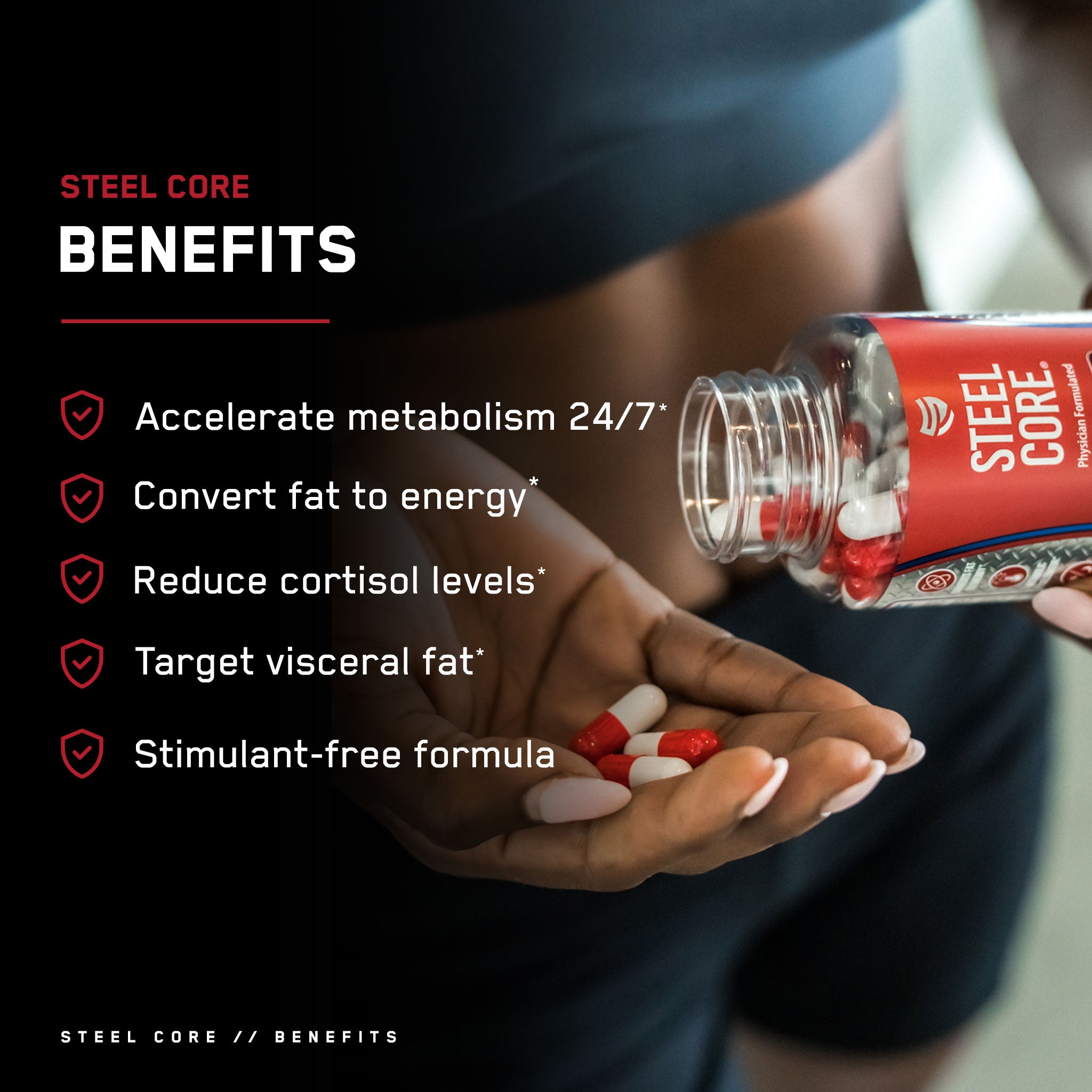 Steel Core® supplements being poured into a bottle, highlighting its benefits as a stimulant-free metabolic accelerator targeting abdominal fat.