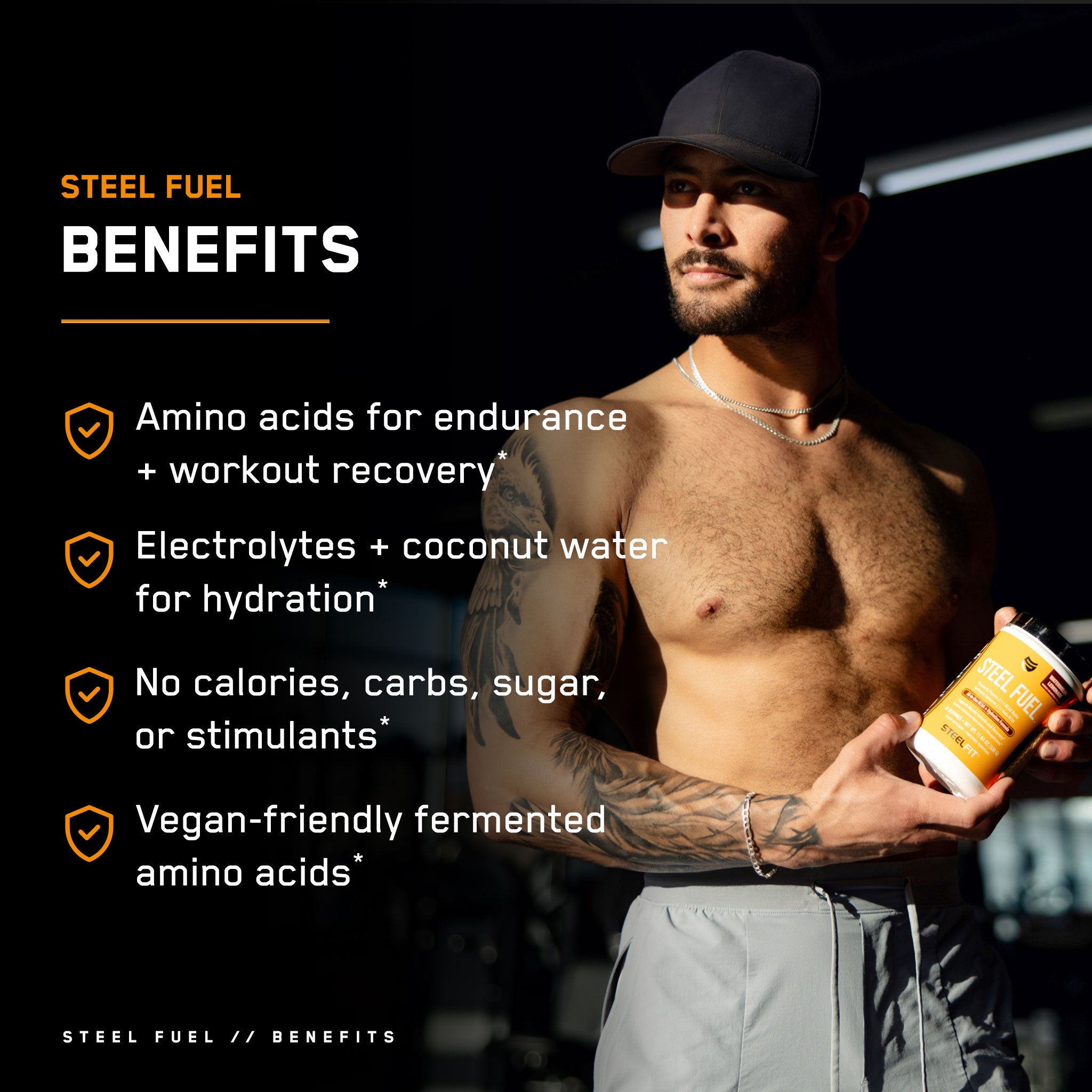 Man holding Steel Fuel® protein container, highlighting its 2:1:1 BCAA ratio for muscle repair, enhanced endurance, and electrolyte replenishment after workouts.