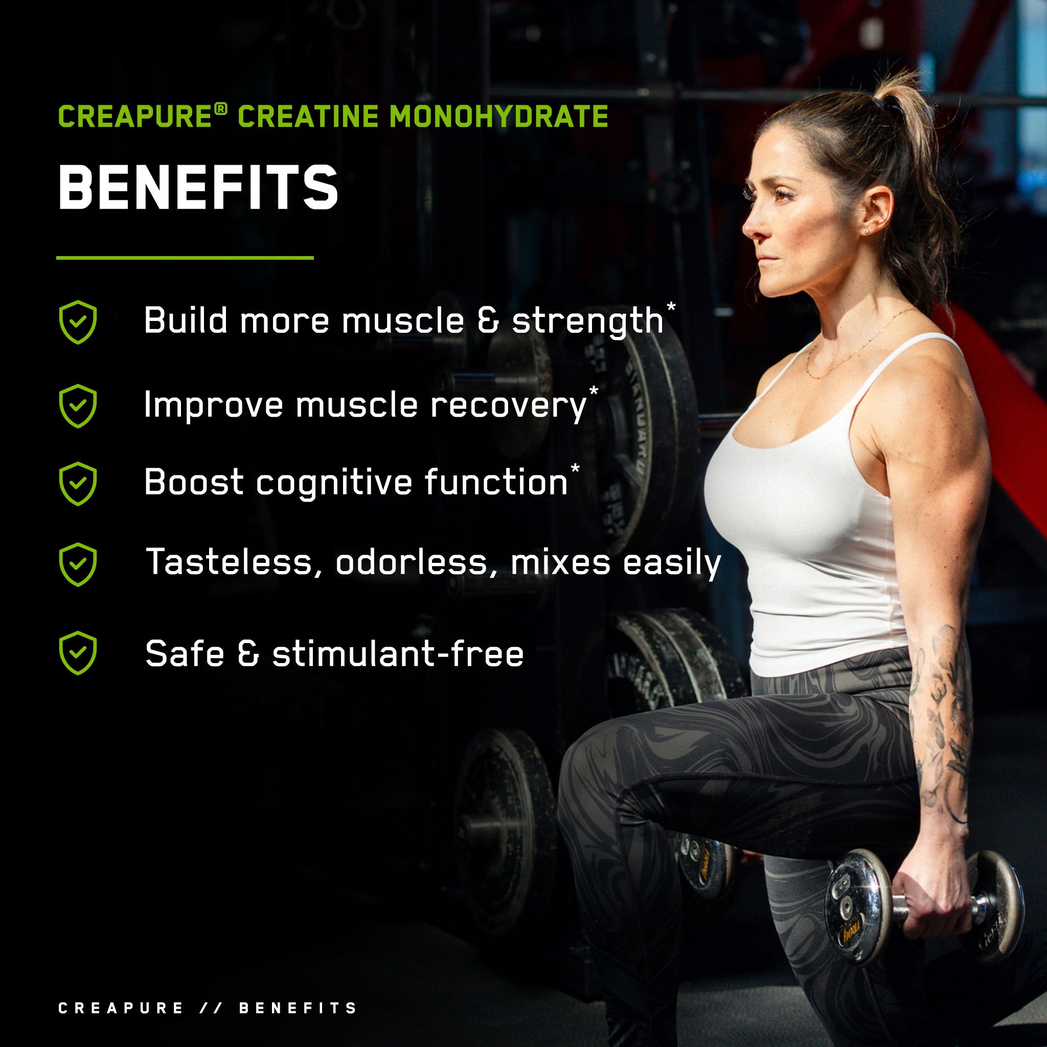 Woman lifting weights in gym, highlighting the use of SteelFit USA's Creatine Monohydrate for enhancing strength and muscle recovery during workouts.