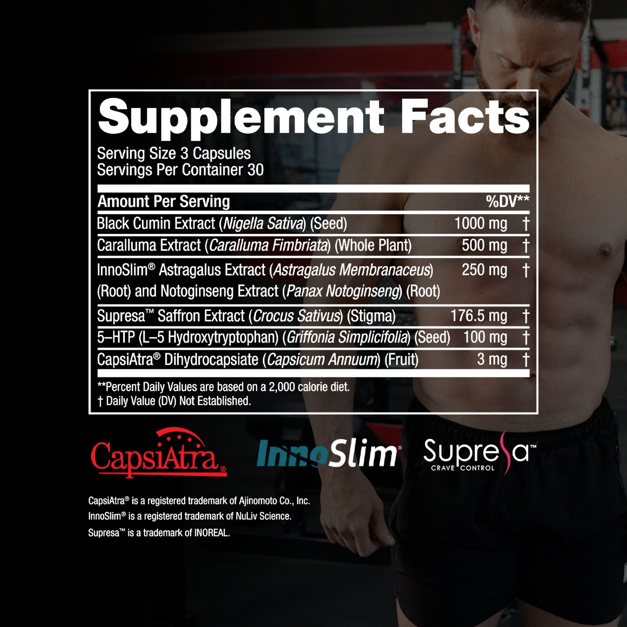 Steel Suppress supplement featured with a muscular man in shorts, symbolizing appetite control and sugar craving reduction for fitness enthusiasts.