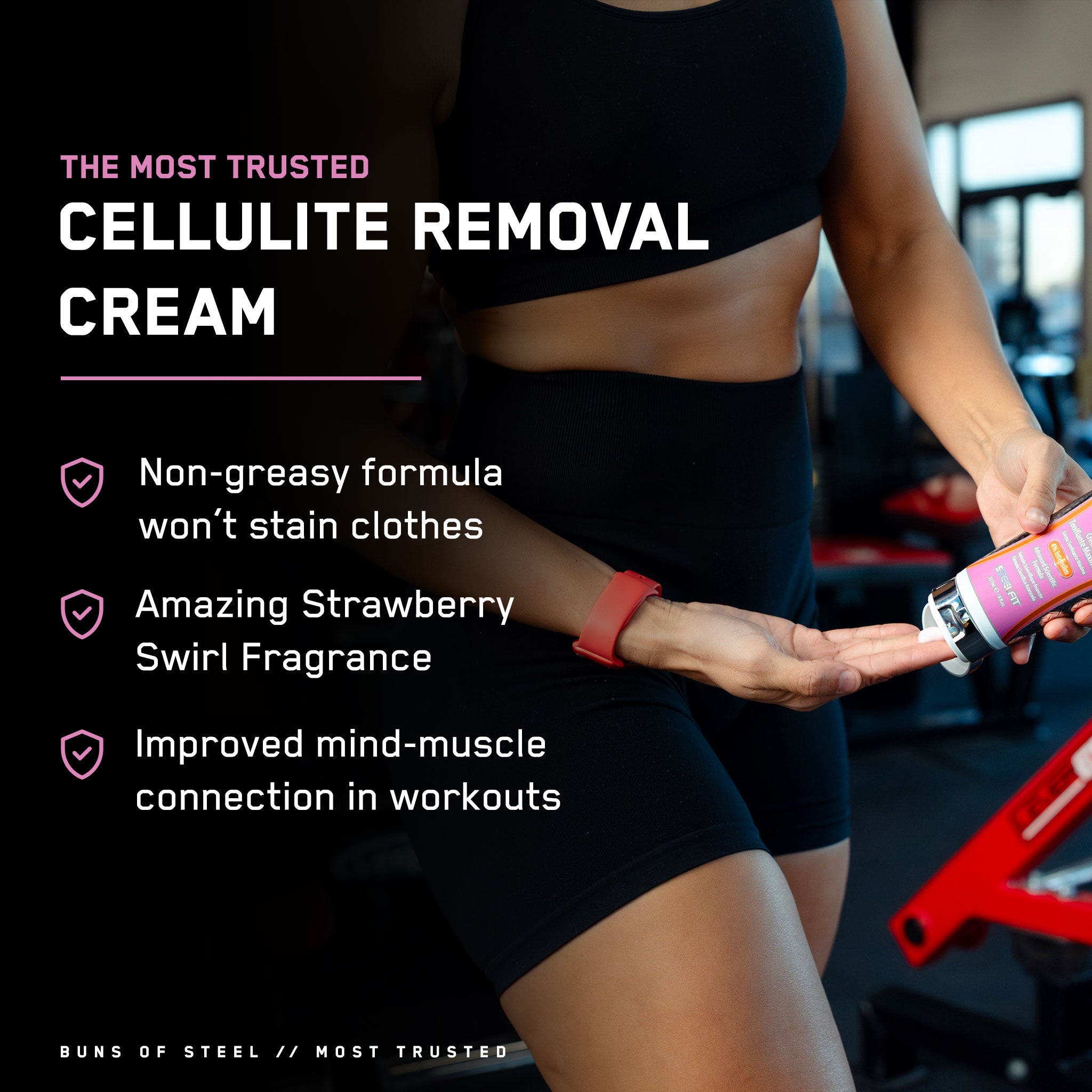 Woman holding Buns of Steel® cream, part of the Buns of Steel® Starter Bundle, designed to enhance workout effectiveness with included thigh trimmers.