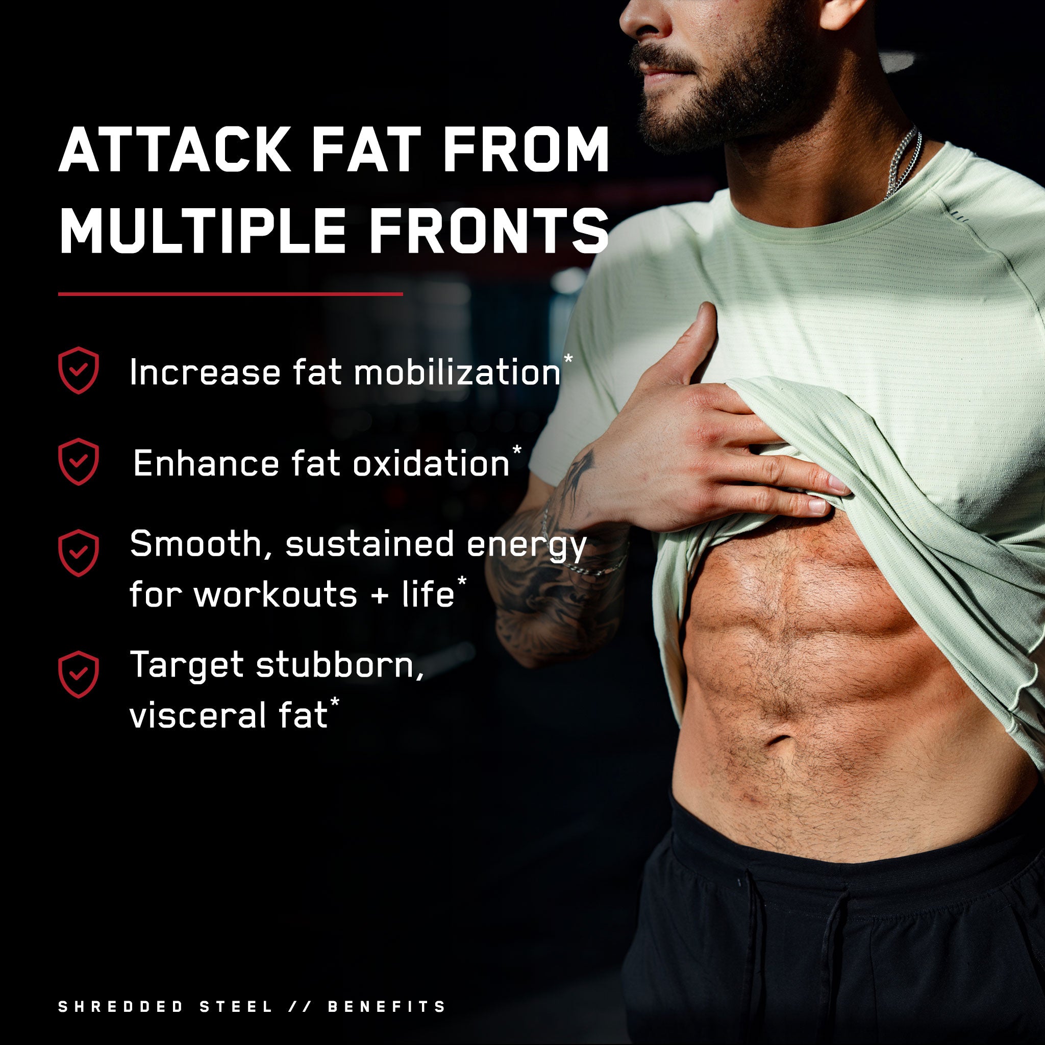 Shredded Steel® supplement bottle displayed with a man showcasing toned abs, highlighting its fat-burning and metabolism-boosting benefits for fitness enthusiasts.