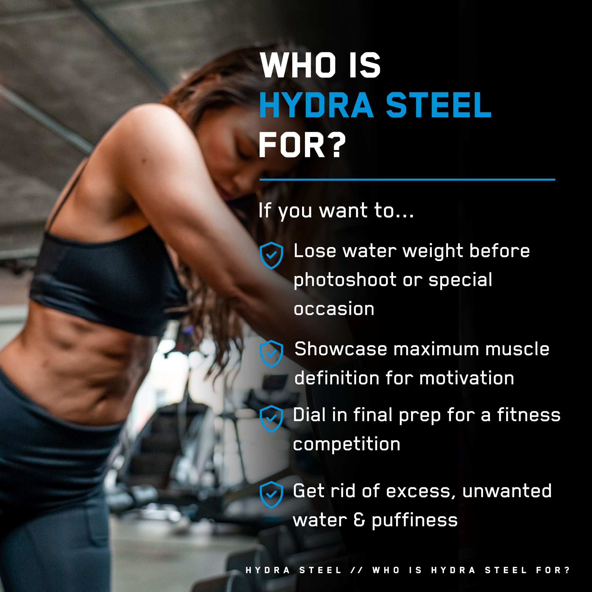 Hydra Steel® diuretic, showcased by a woman in a gym in black sportswear, promotes muscle definition and reduces bloating for enhanced fitness results.