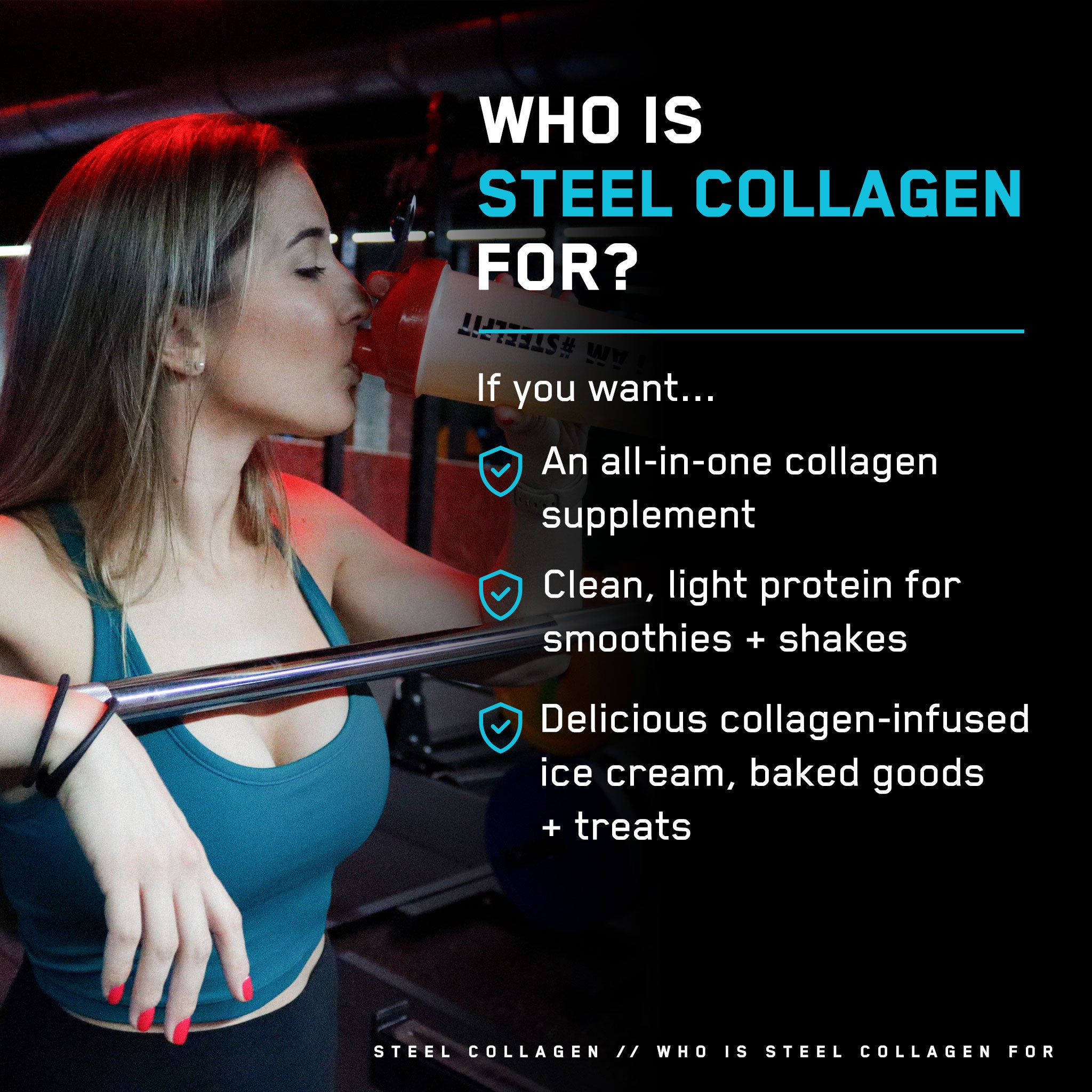 Steel Collagen bottle held by a woman, emphasizing healthy hair, skin, and nails, featuring 20g hydrolyzed collagen peptides for beauty and joint support.