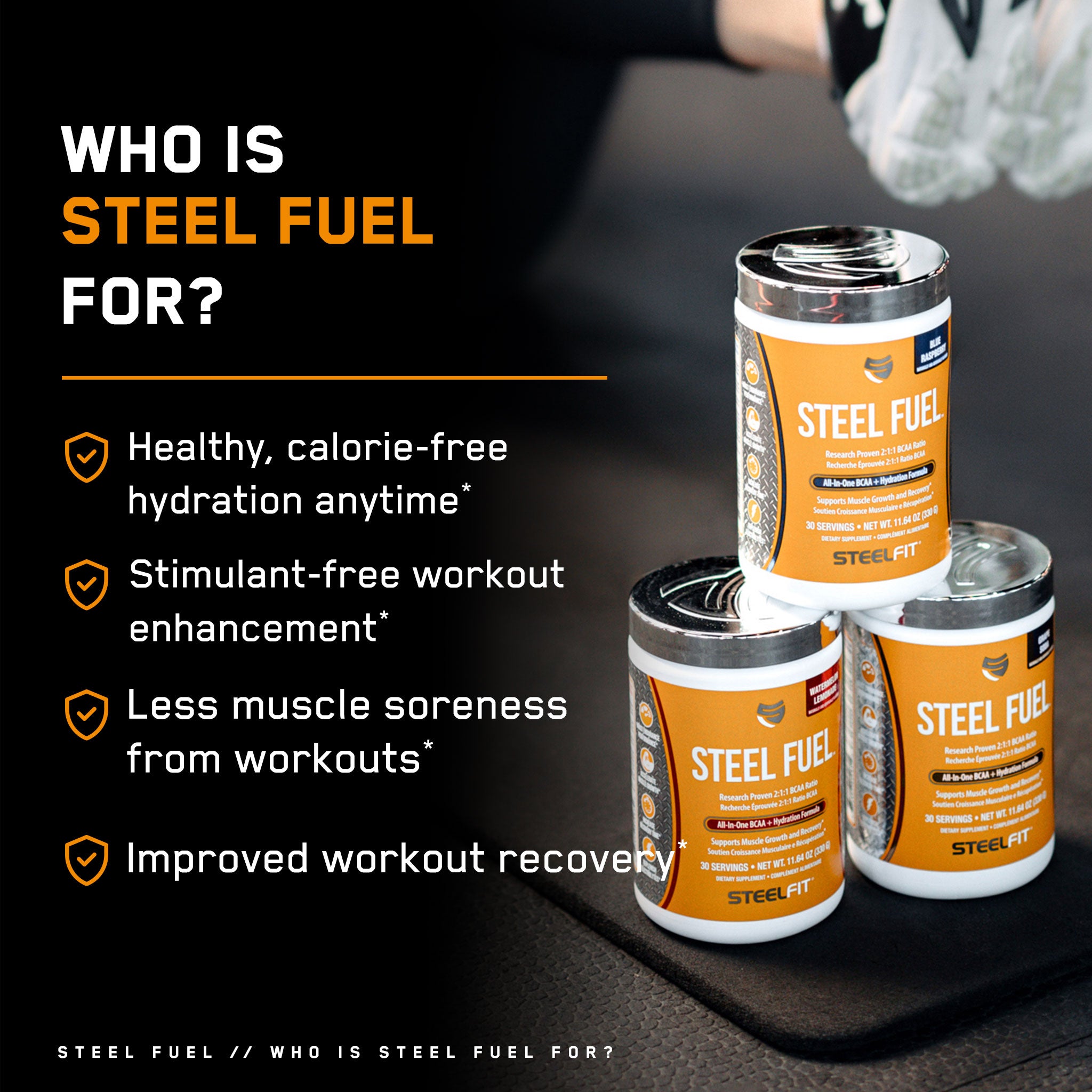 Steel Fuel® stack of containers with orange labels, showcasing its 2:1:1 BCAA formula for muscle growth, endurance, and electrolyte replenishment.