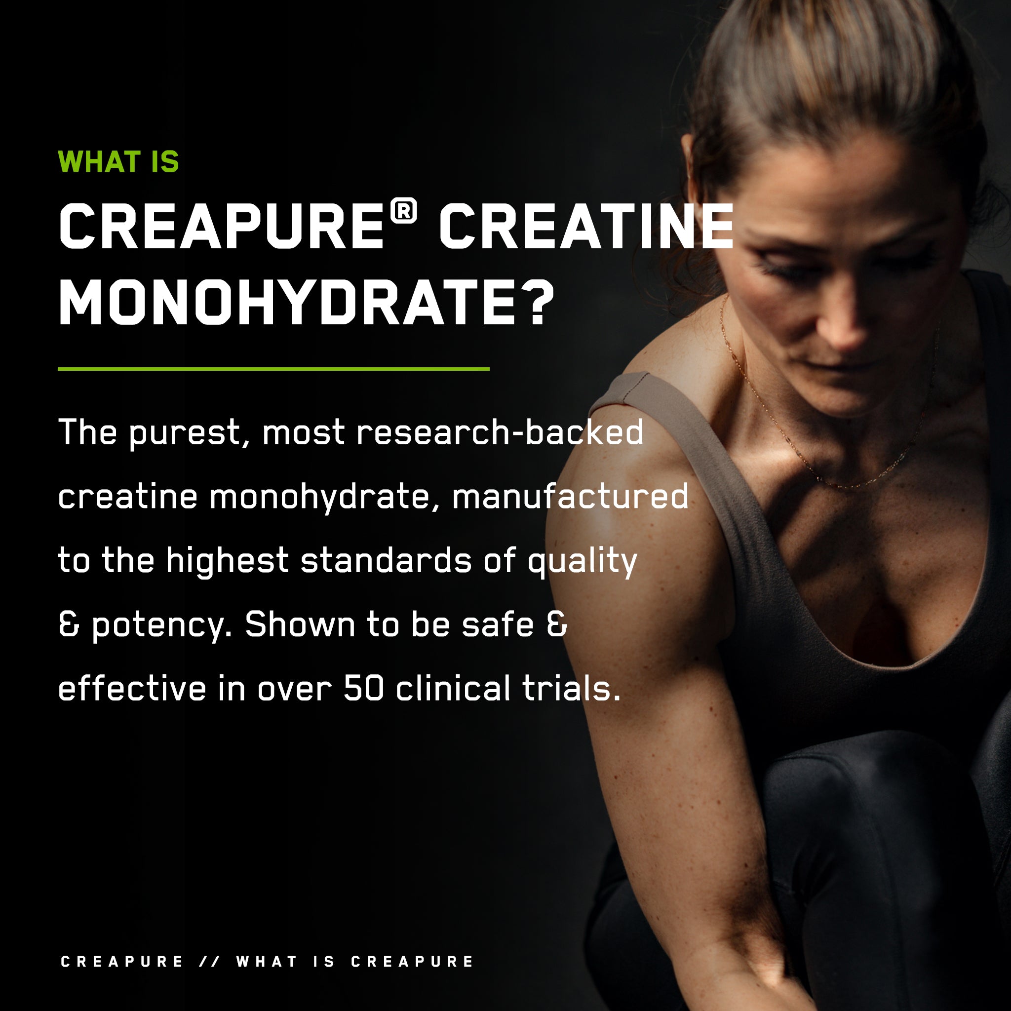 Creatine Monohydrate product showcasing enhanced muscular performance, featuring a fit woman wearing a black tank top, symbolizing strength and fitness benefits.