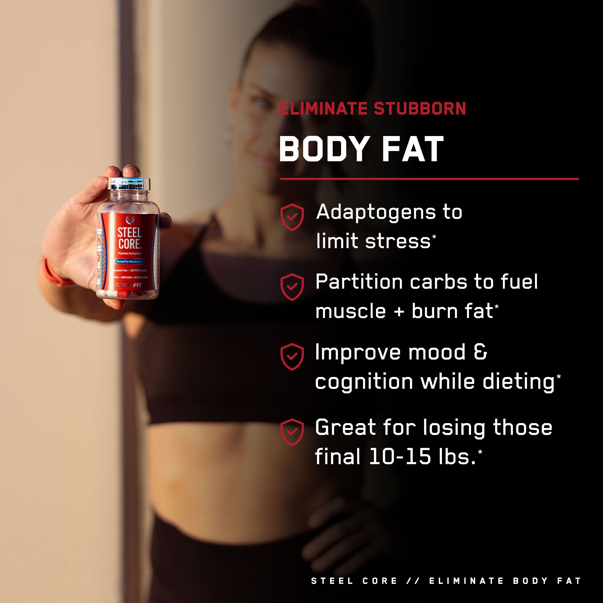 Steel Core® bottle held by a woman, designed to convert fat to energy and improve metabolism, targeting abdominal fat without stimulants.