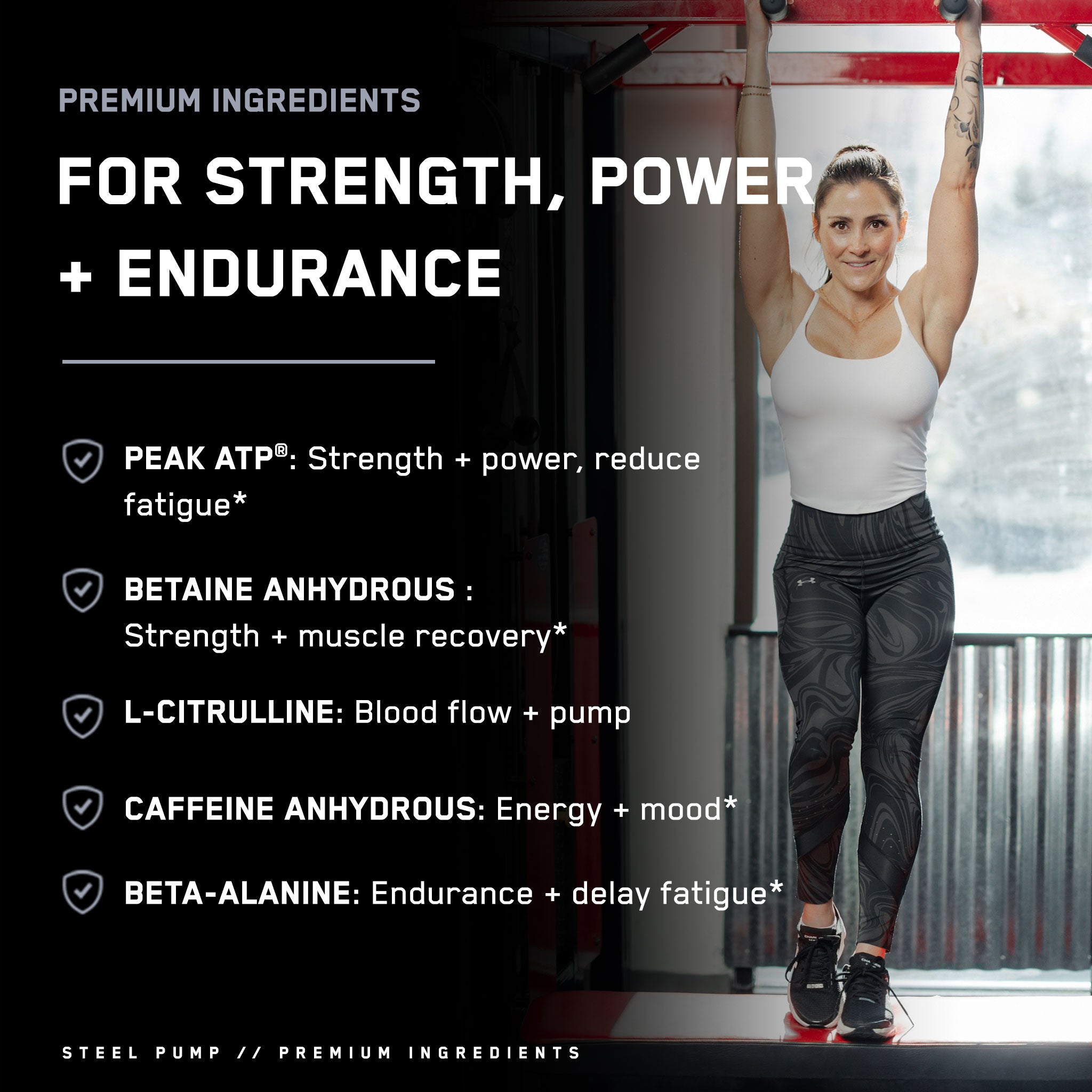 Woman at a bar holding Steel Pump® pre-workout supplement, known for boosting energy, stamina, and performance during intense training sessions.