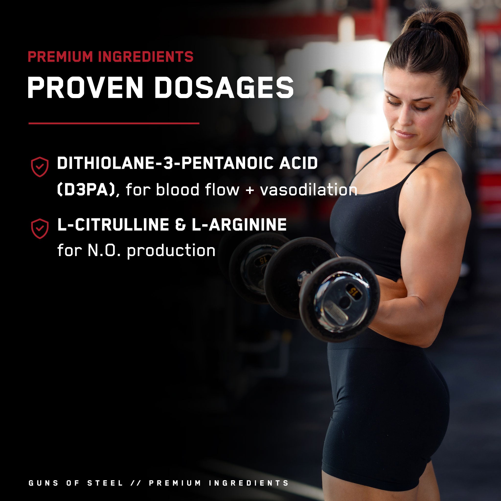 Woman lifting weights in a gym, showcasing Guns of Steel&reg; Pre-Training Liquid, activating muscle responsiveness for intense workouts with D3PA, Caffeine, and Arginine.