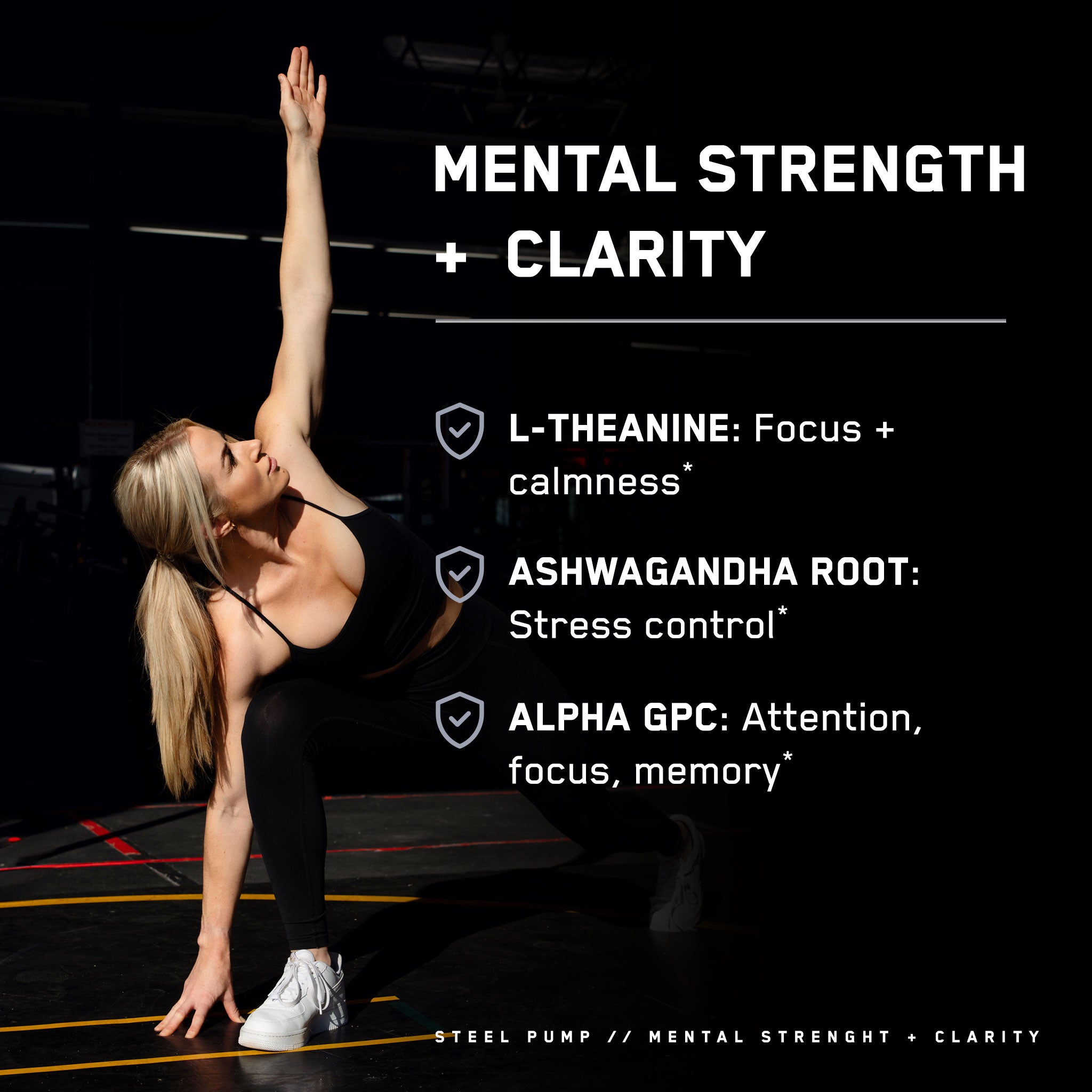 Woman in athletic wear stretching, representing Steel Pump® pre-workout's benefits of enhanced performance and energy for intense training sessions.