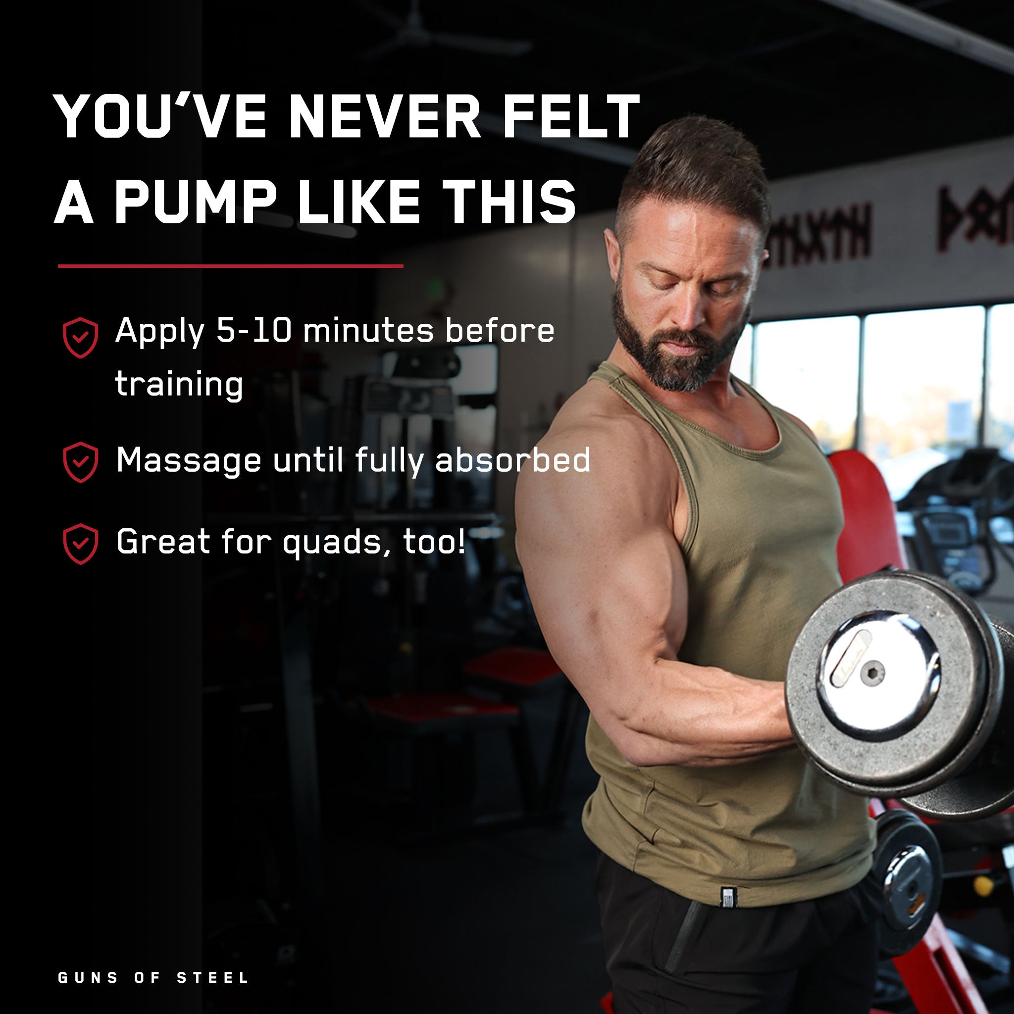 Man lifting weights, showcasing Guns of Steel&reg; pre-training liquid's impact for muscle gains and intense workouts, highlighting its formulation with D3PA, caffeine, and arginine.