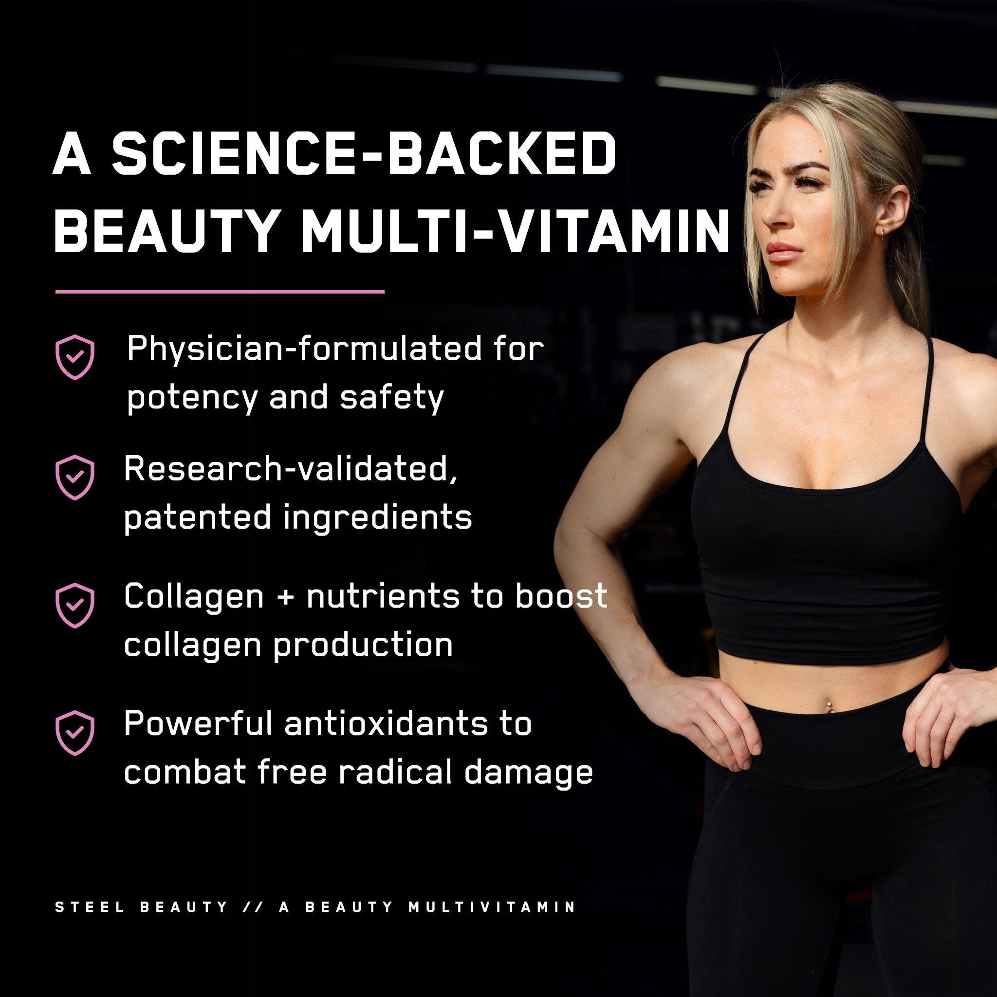 Steel Beauty® supplement promotes glowing skin, strong nails, and shiny hair, featuring a woman in black attire showcasing the product's anti-aging benefits.