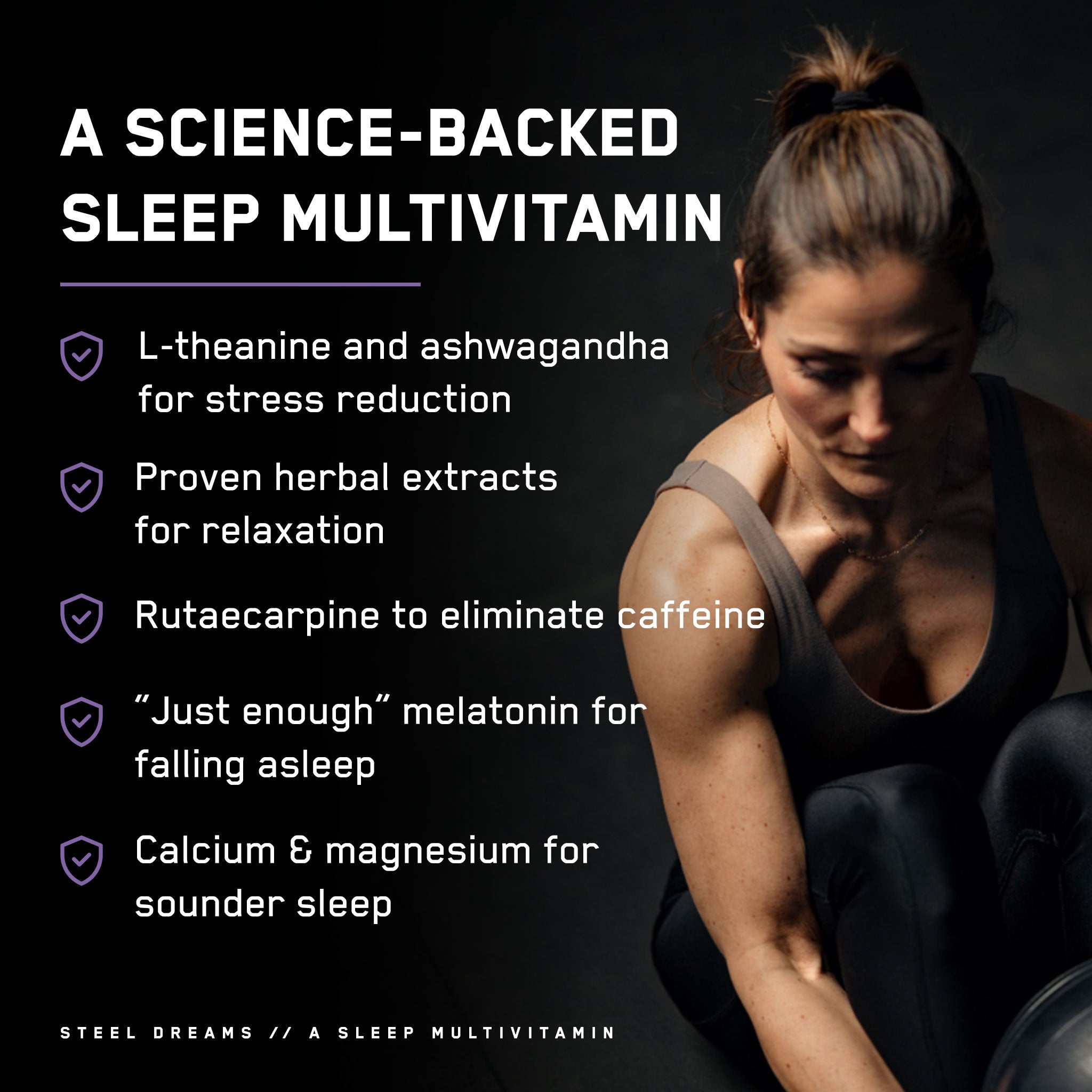 Steel Dreams® sleep aid promotes relaxation and enhances sleep quality, featuring a woman in athletic wear, symbolizing fitness and recovery, aligning with SteelFit USA's health focus.