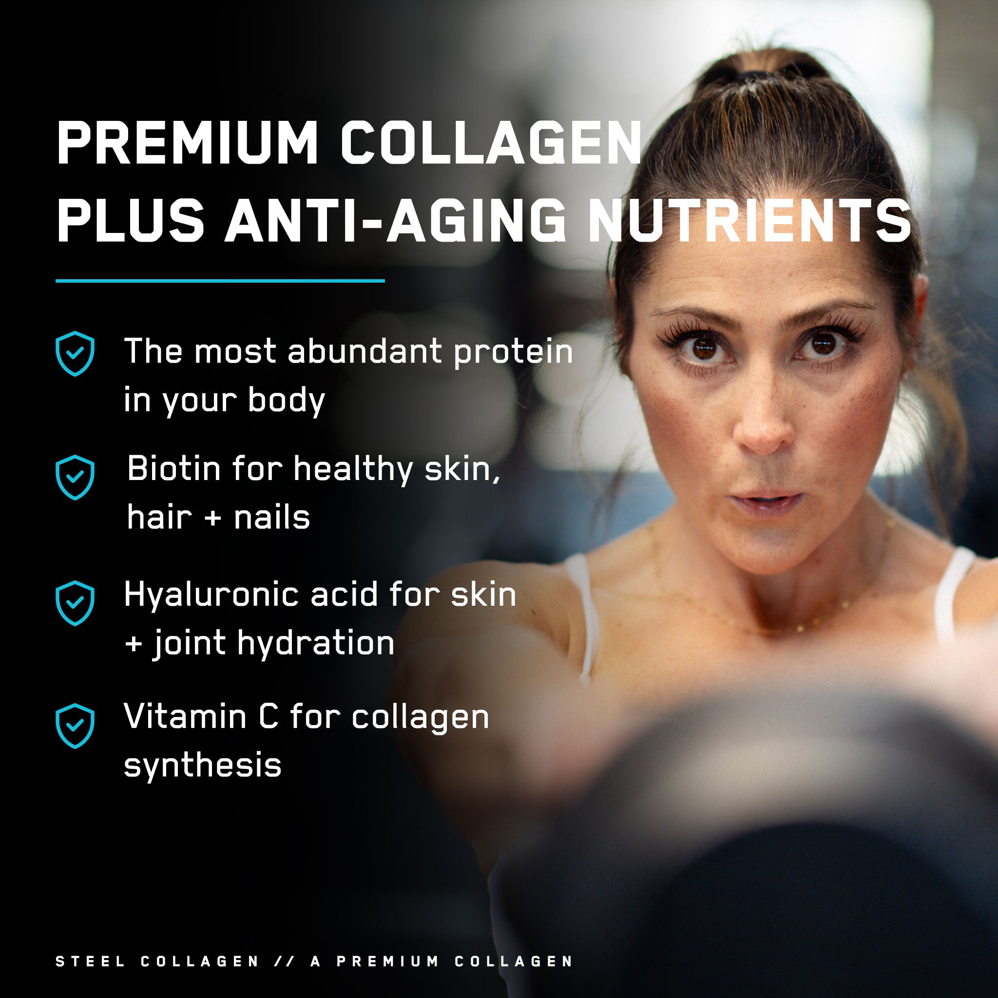 Steel Collagen product image featuring a woman lifting weights, highlighting its benefits for healthy hair, skin, nails, and joint support with hydrolyzed collagen peptides.