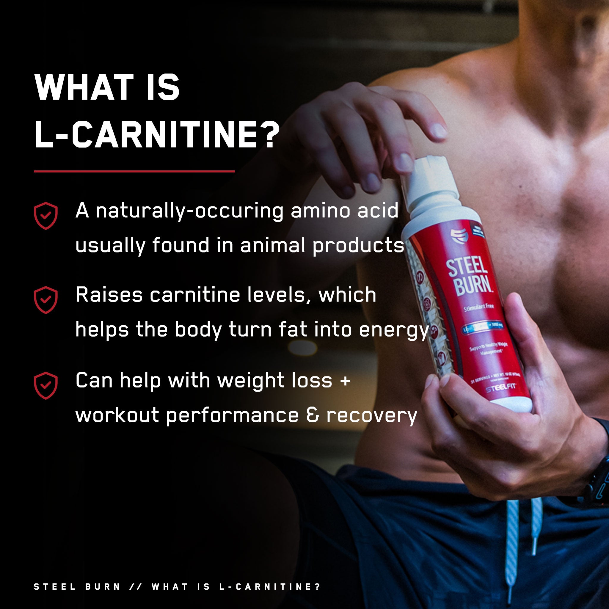 Man holding Steel Burn® can, a stimulant-free supplement designed for healthy weight management, featuring L-Carnitine to convert fat into energy and boost metabolism.