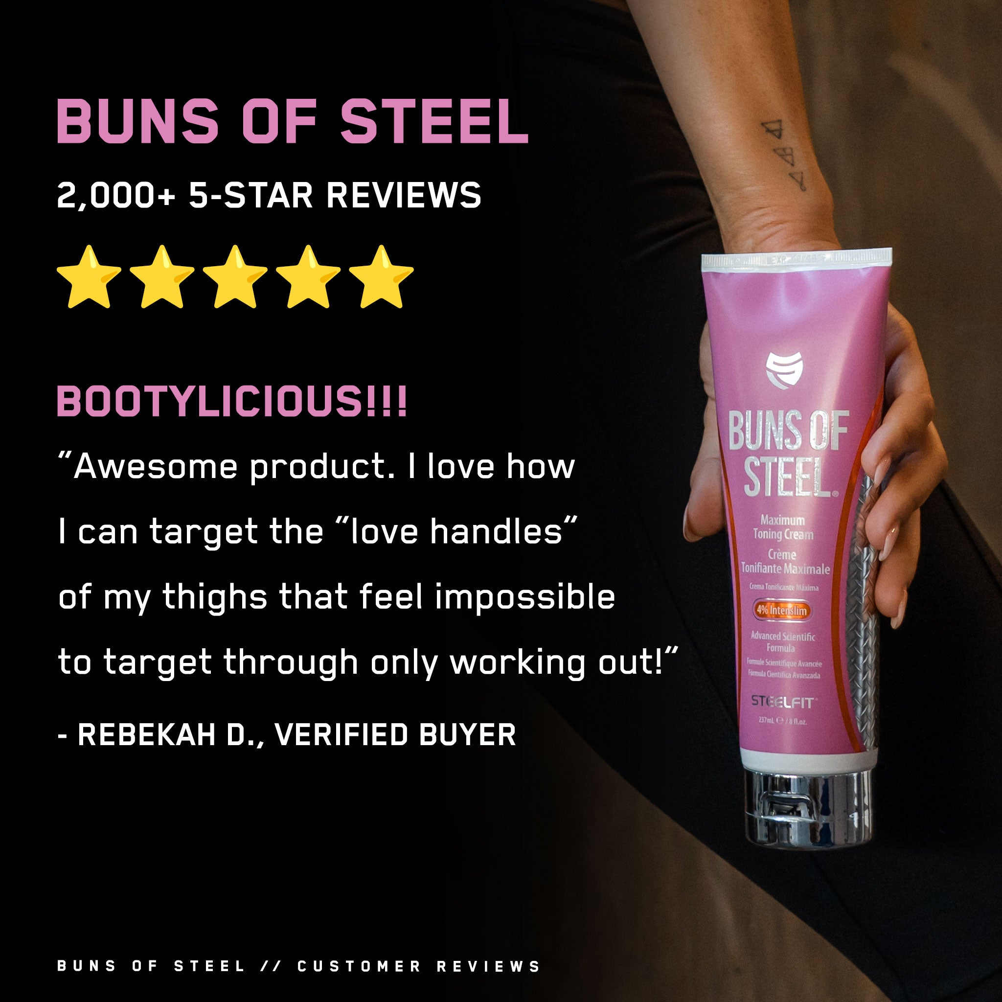 Hand holding a tube of Buns of Steel® cream, part of the Buns of Steel® Starter Bundle, designed to enhance workout results with included thigh trimmers.