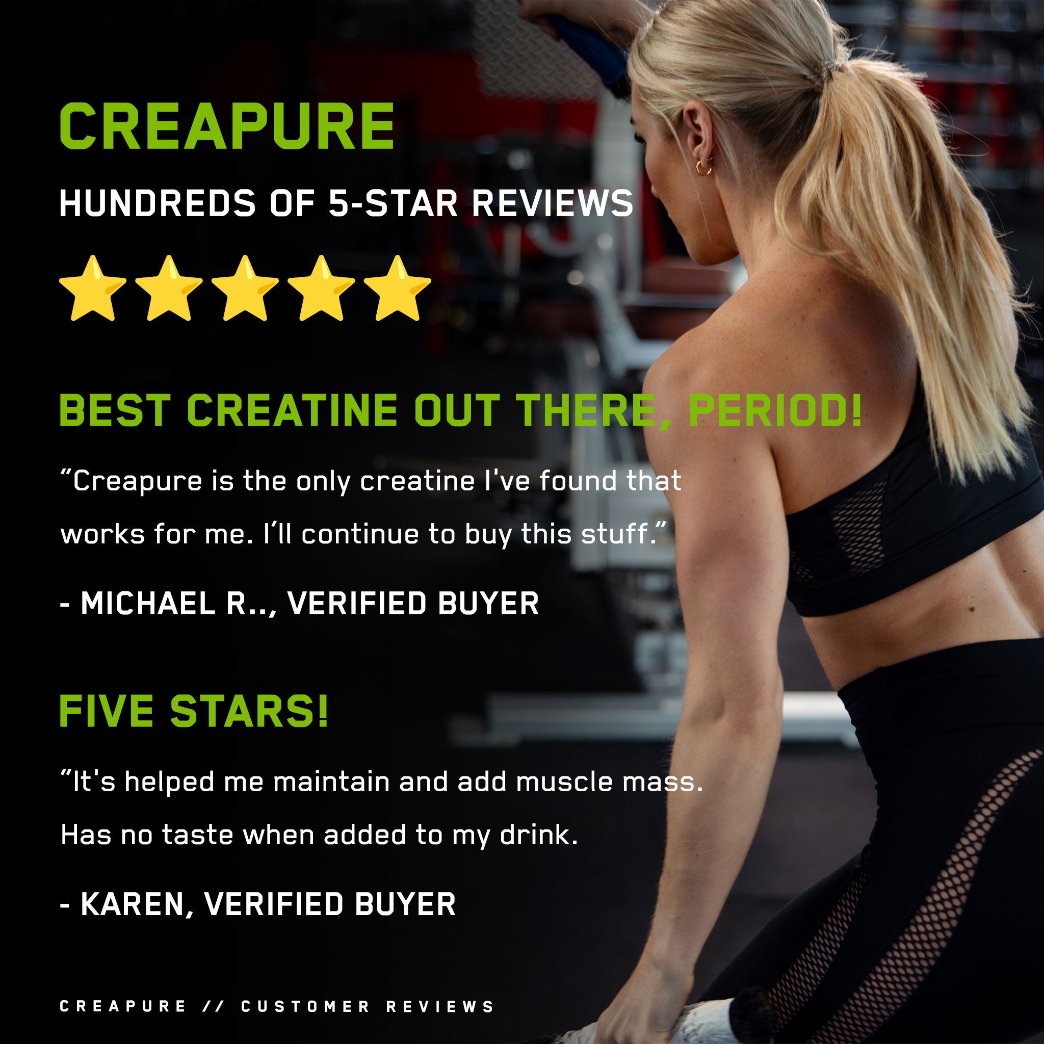 Woman in black sports outfit promoting Creatine Monohydrate, a supplement enhancing performance, strength, and recovery, shown through active lifestyle imagery.