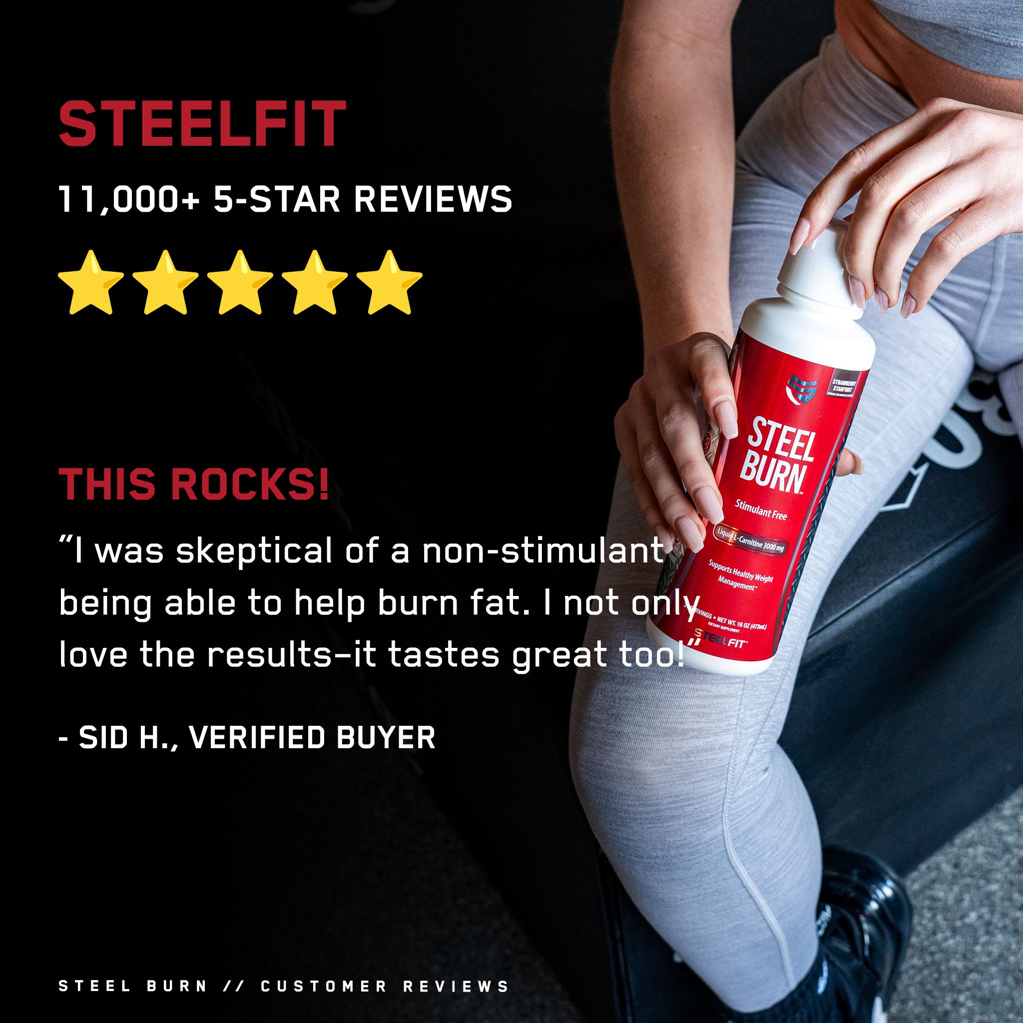 A person holds a Steel Burn® aerosol bottle, a stimulant-free supplement for weight management, emphasizing metabolism and energy conversion without powders or capsules.