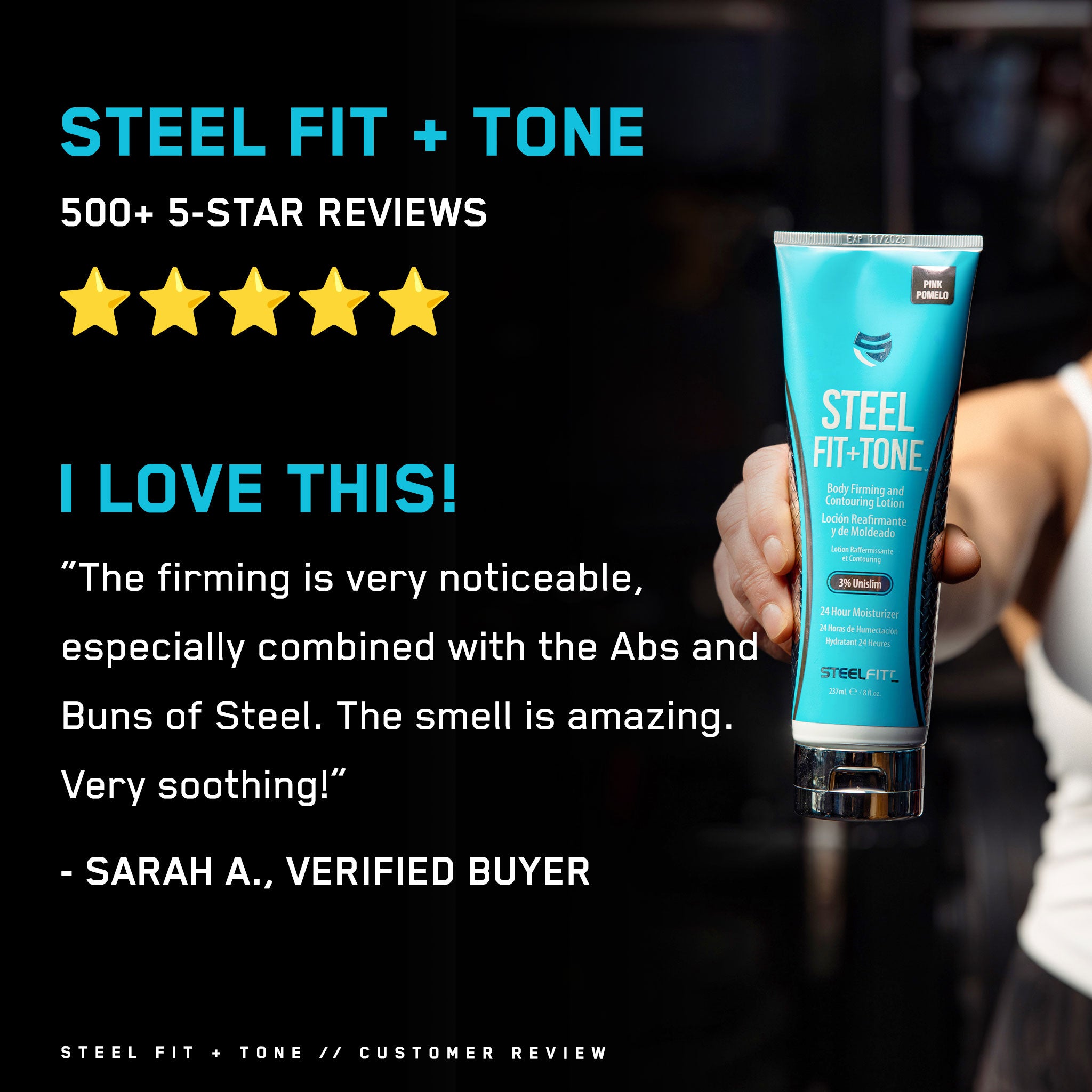 Woman holds Steel Fit + Tone Starter Bundle tube, part of a fitness and skincare combo with mini loop bands, available at a discount.