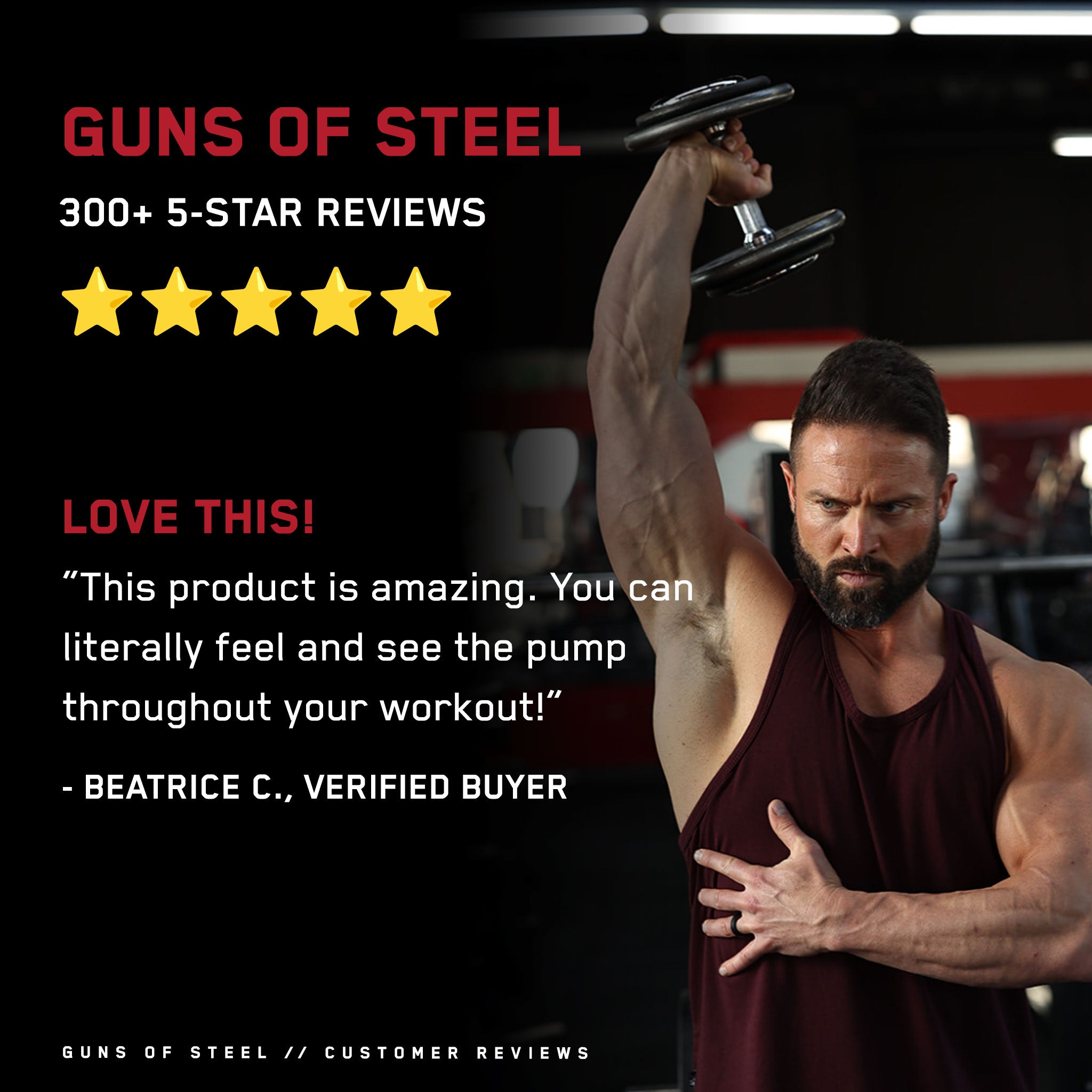 Man lifting weights at gym, showcasing the effects of Guns of Steel® Hot Action Pre-Training Liquid, designed for enhanced muscle responsiveness and intense workouts.