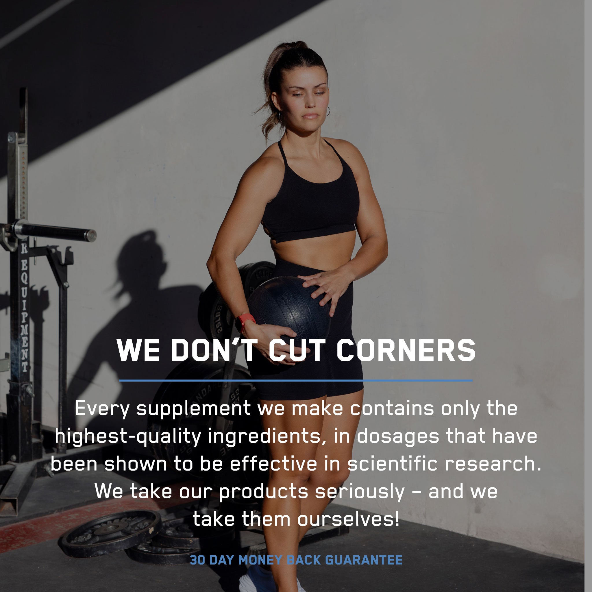 Woman in gym holding Steel Suppress, a stimulant-free appetite suppressant designed to reduce hunger and sugar cravings, supporting fitness and healthy mood.