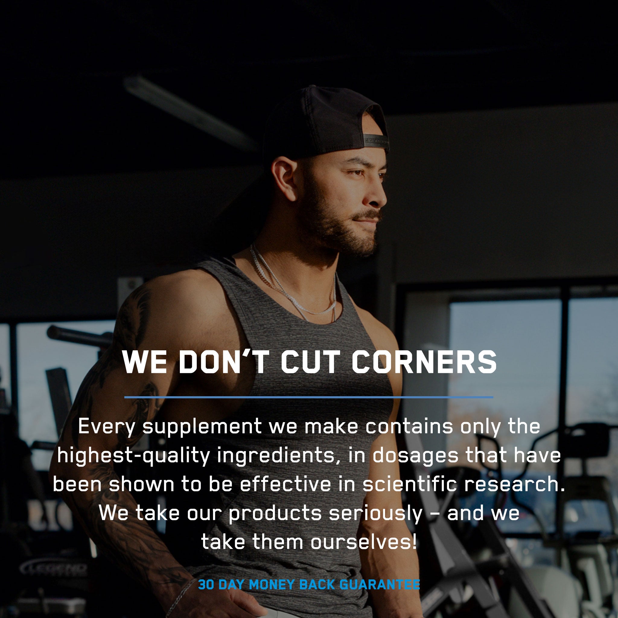 A man in a gym wearing a black hat and tank top, showcasing Hydra Steel® for reducing water weight and enhancing muscle definition.