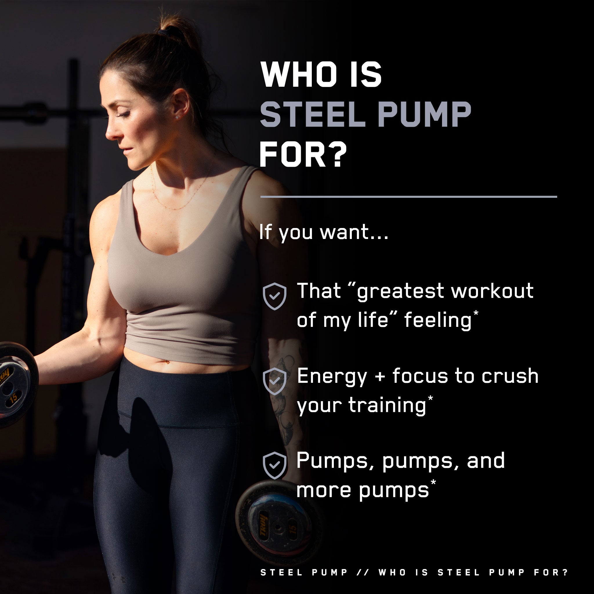 Steel Pump® pre-workout supplement enhances energy and endurance, shown with a woman lifting weights in a gym, highlighting its performance benefits.