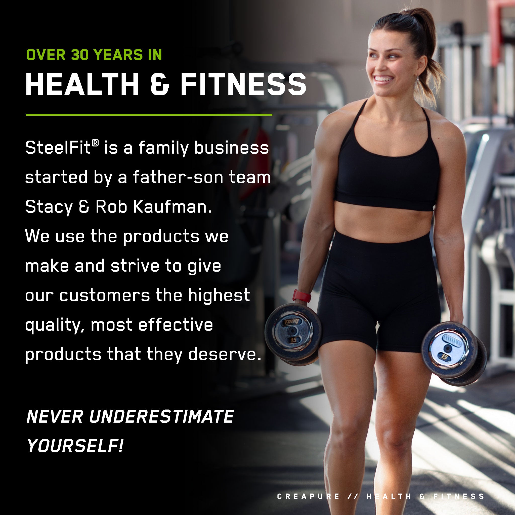 Woman in a gym holding weights, representing SteelFit USA's Creatine Monohydrate for enhancing muscular performance and recovery.