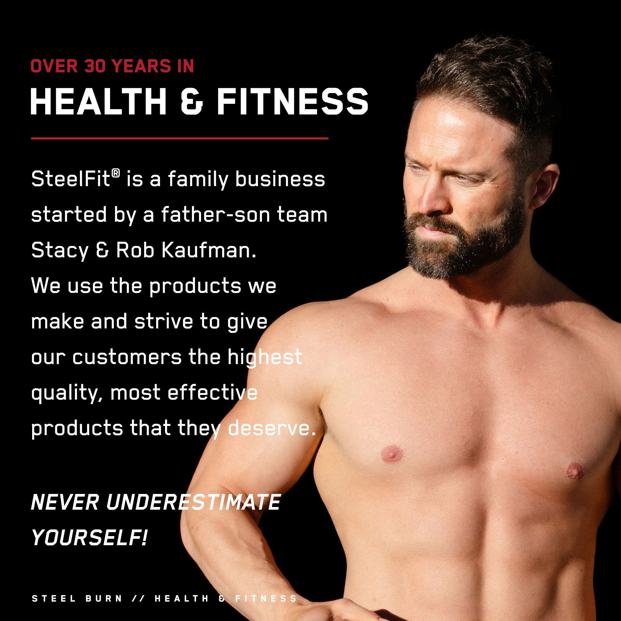 Shirtless man with a beard showcasing Steel Burn® fat loss supplement's benefits for weight management and energy conversion.