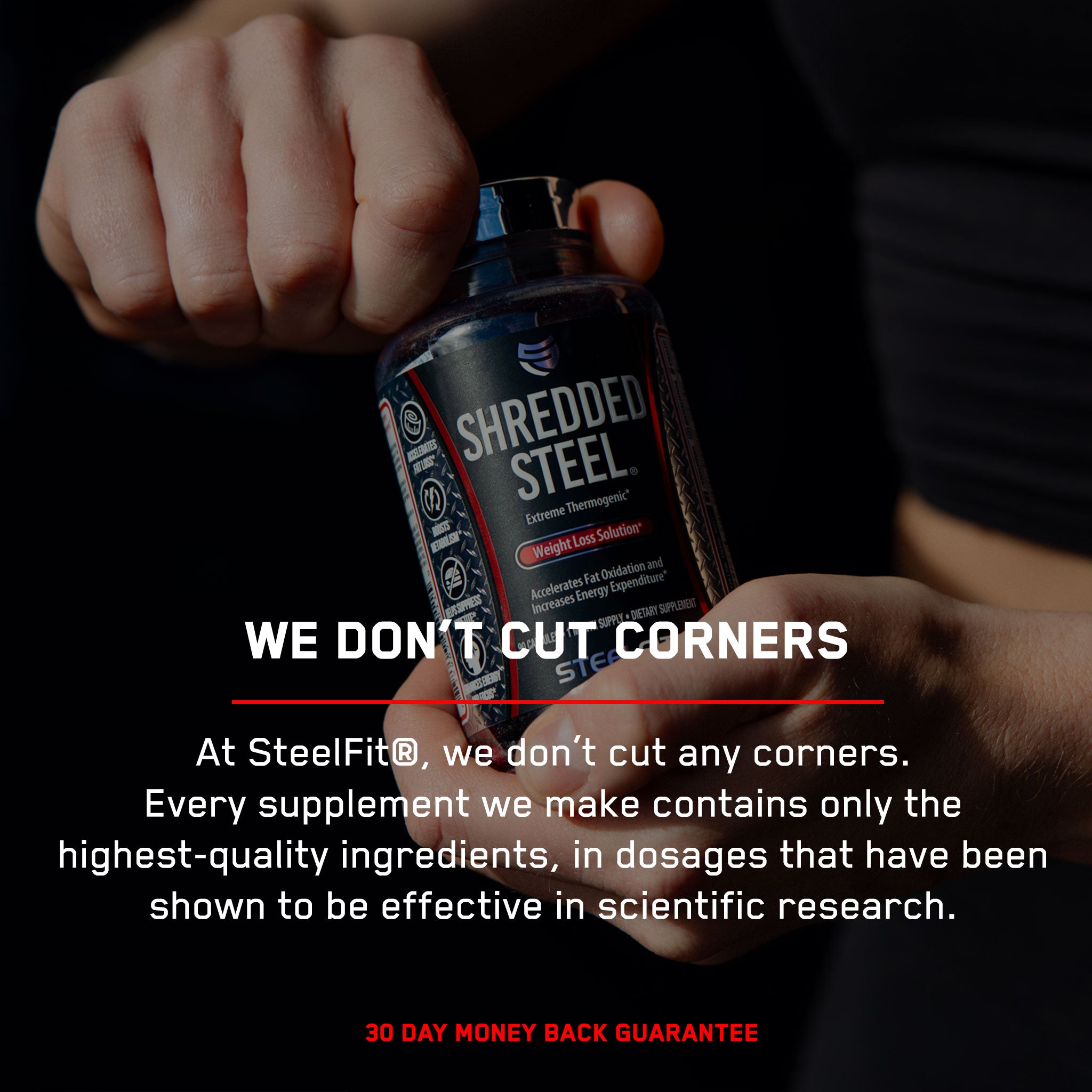 Shredded Steel® bottle held in a hand, highlighting its role as a thermogenic weight loss supplement designed to boost metabolism and enhance energy.