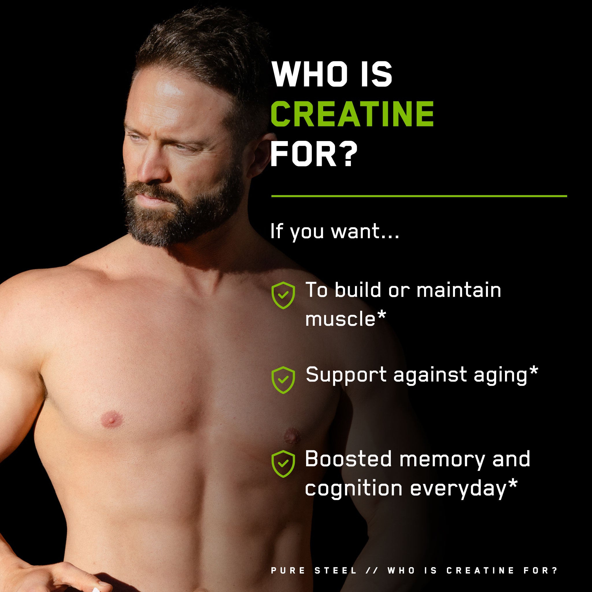 Shirtless man with beard, representing Pure Steel Creatine Monohydrate by SteelFit USA, highlighting muscular performance enhancement and recovery benefits.