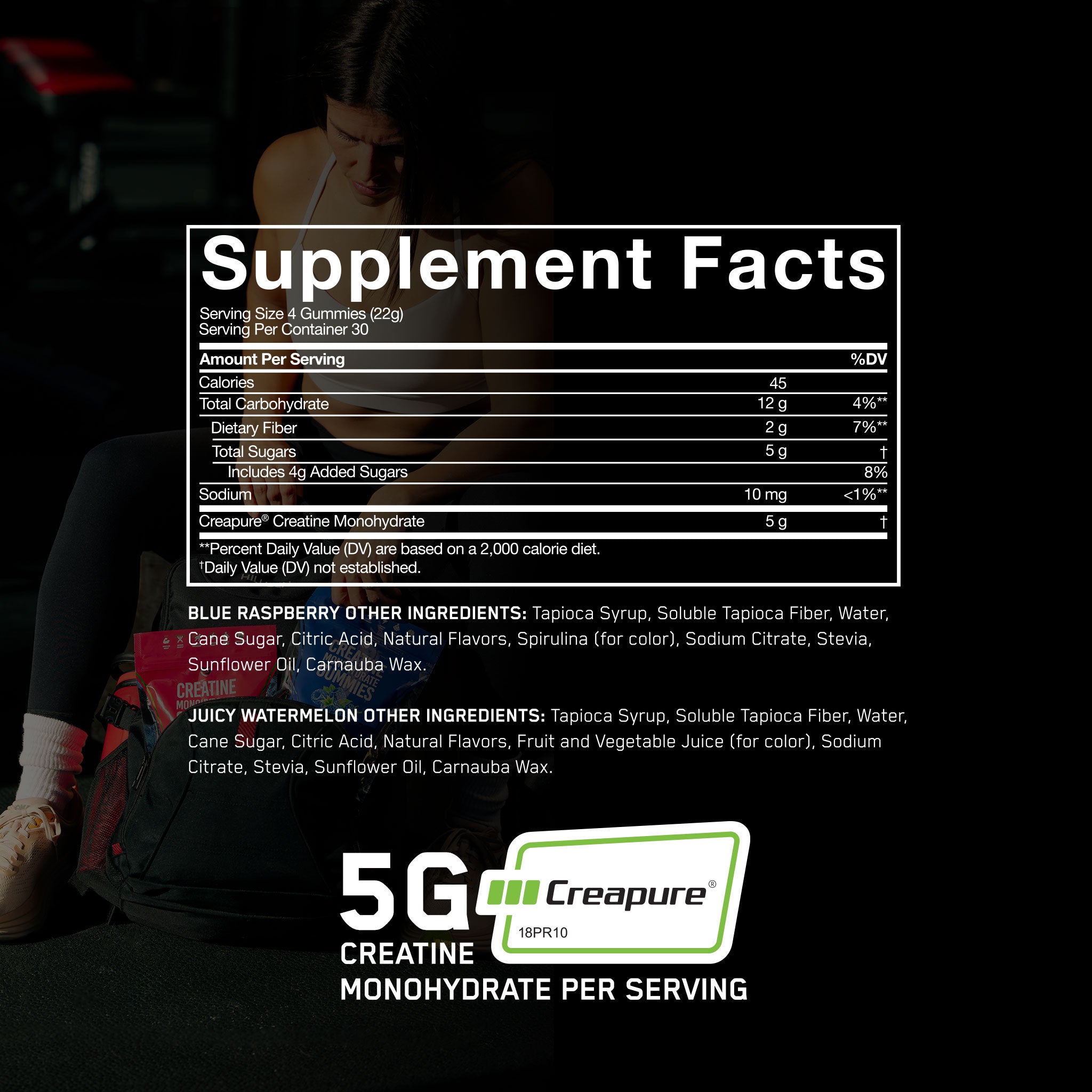 Woman sitting on a black bag, showcasing SteelFit® Creatine Monohydrate Gummies, a fitness supplement for muscle building and enhancing workout performance.