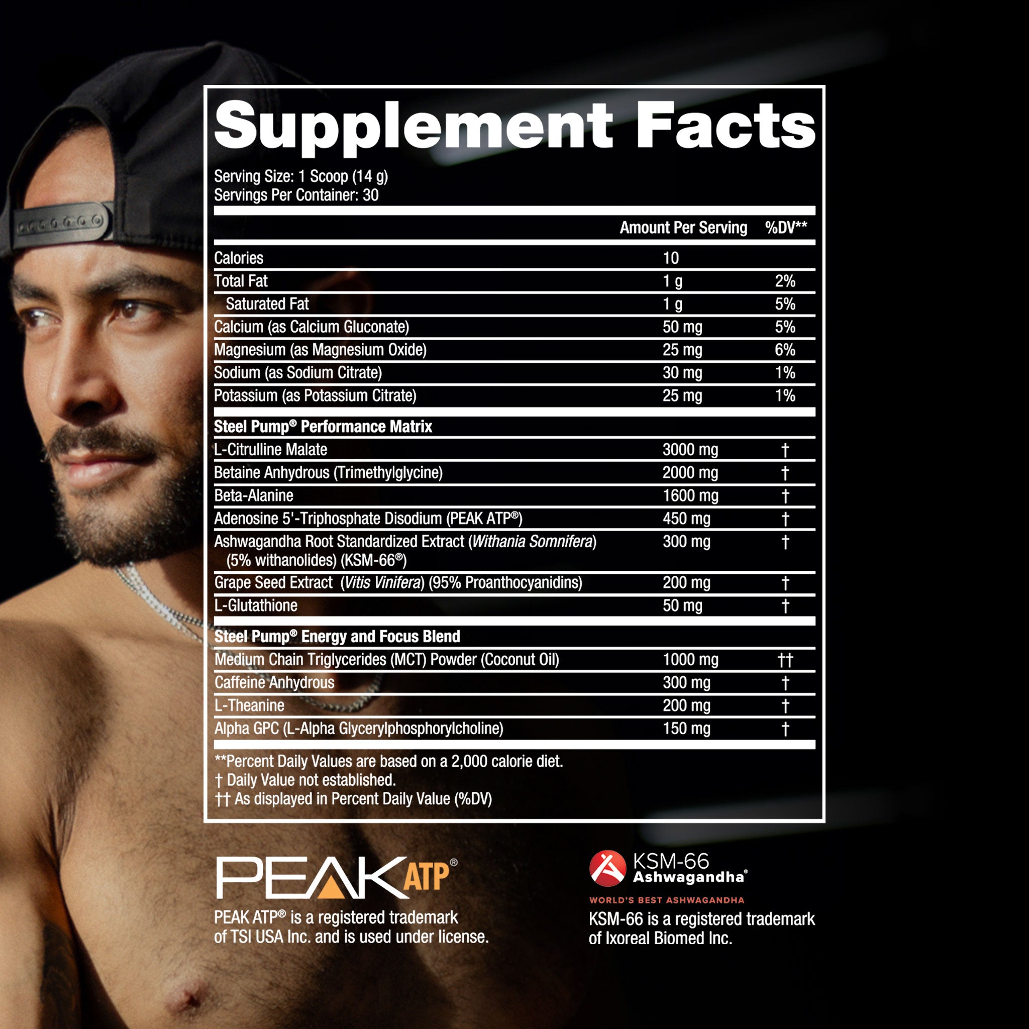 Man wearing a cap holding Steel Pump® pre-workout, emphasizing its benefits like enhanced endurance and explosive energy for intense training sessions.