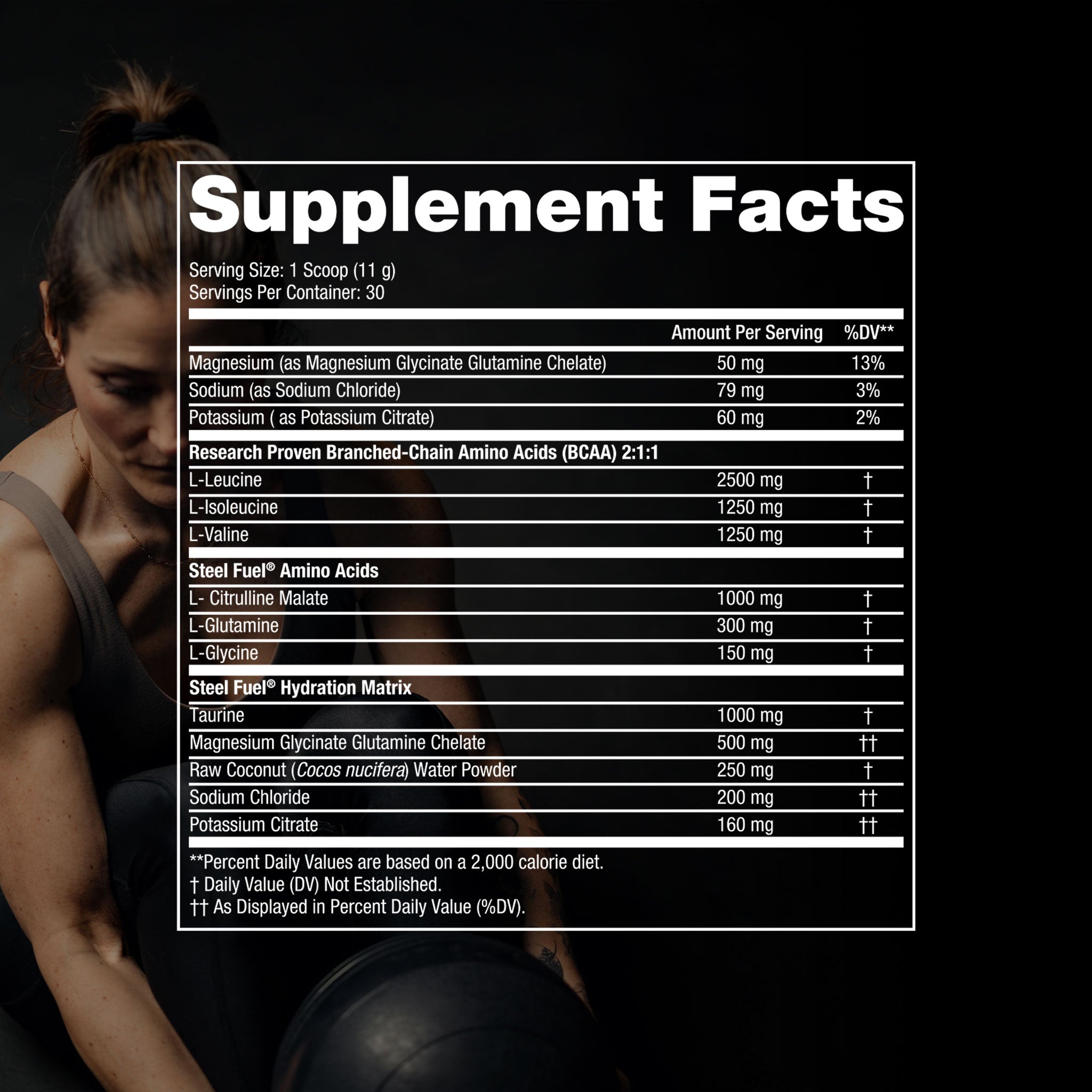 Steel Fuel® BCAA supplement with a 2:1:1 ratio, featuring a woman lifting weights and nutritional information, promoting muscle growth and recovery.