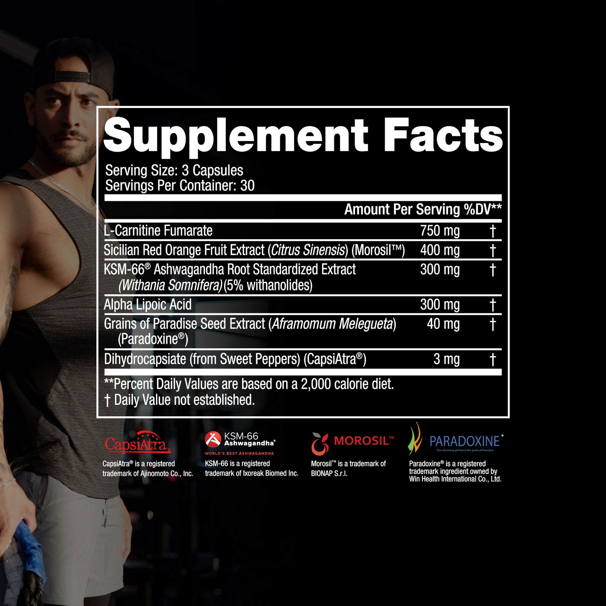 Man wearing a cap and tank top showcasing Steel Core® supplement, designed to convert fat to energy and target abdominal fat effectively.