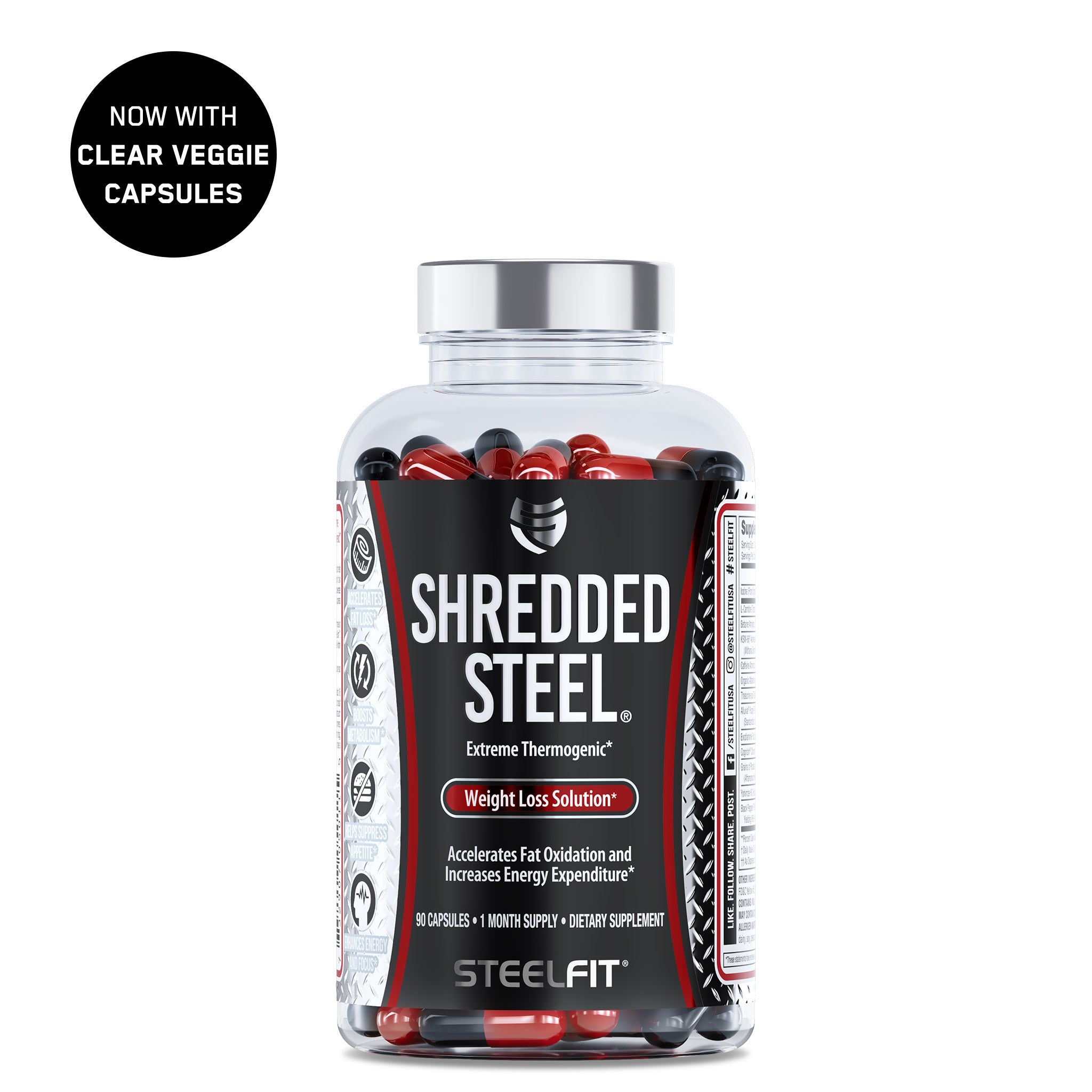 Shredded Steel® bottle with red and black pills, a thermogenic supplement for fat loss, metabolism boost, and appetite suppression, by SteelFit USA.