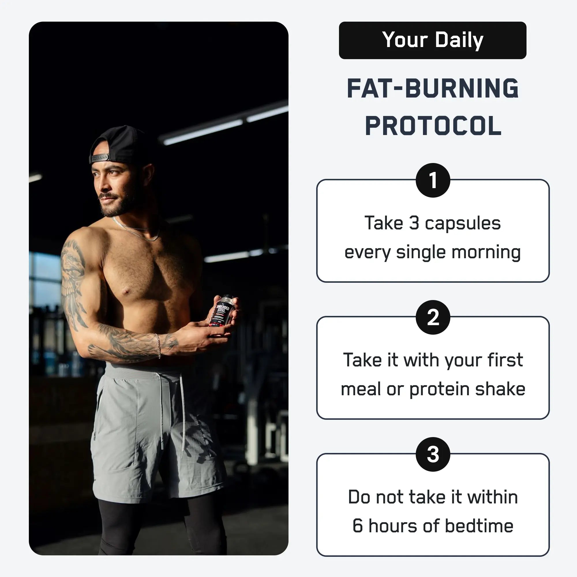Shirtless man holding Shredded Steel® capsules in gym; ad promotes fat-burning, metabolism-boosting supplement with detailed usage instructions for enhanced energy and appetite suppression.