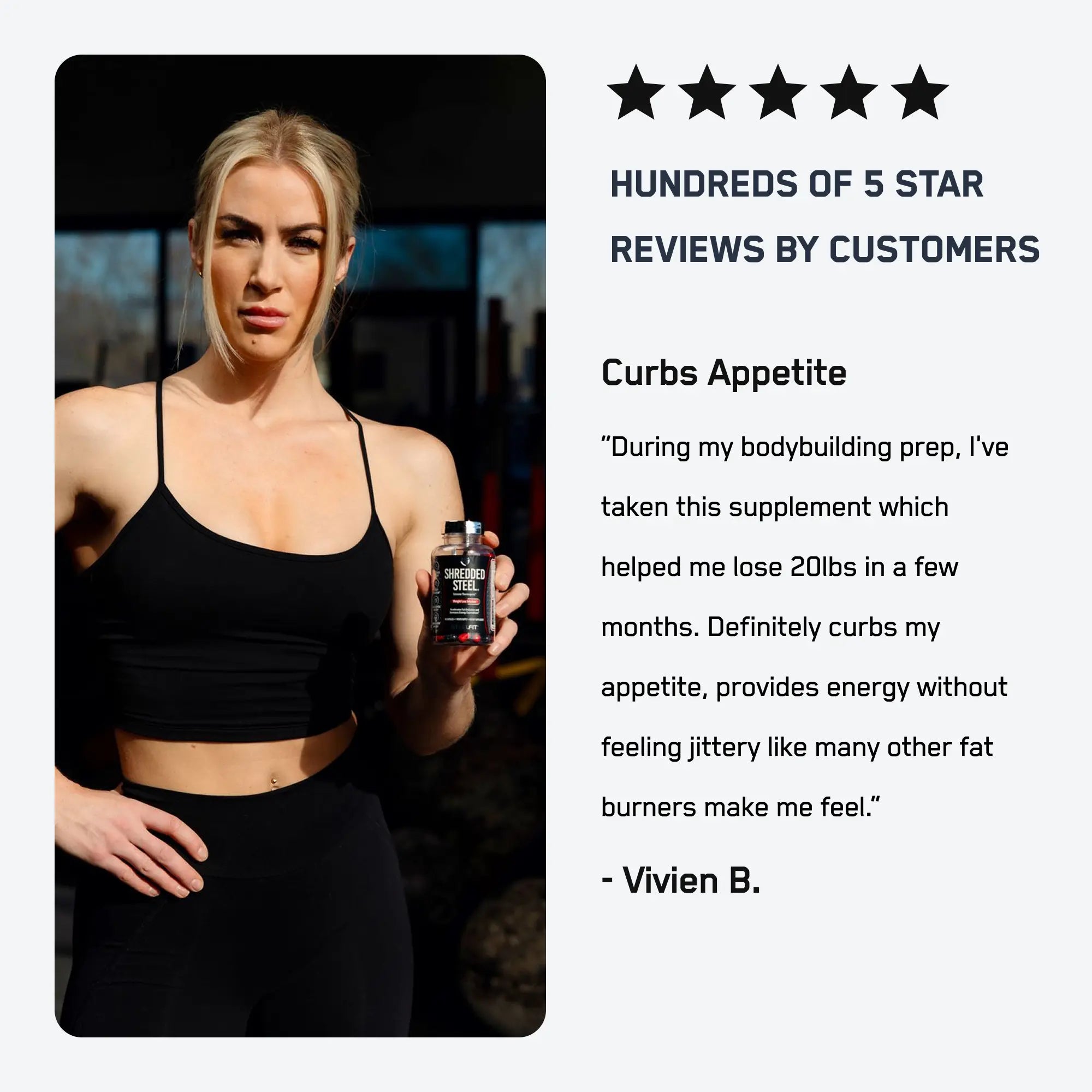 A fit woman holds Shredded Steel® in a gym, highlighting its fat-burning, appetite-curbing benefits, with a glowing five-star testimonial review from a customer.