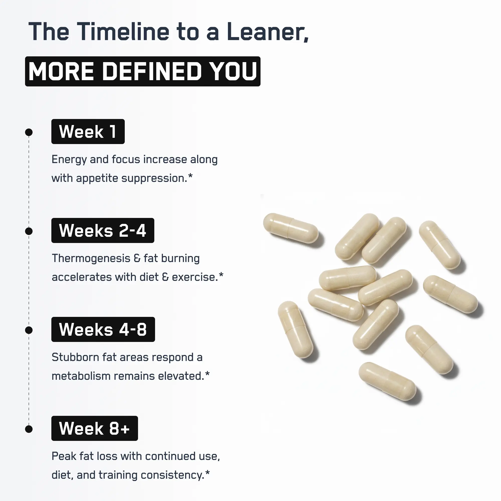 Shredded Steel® infographic with timeline milestones and beige capsules, highlighting its fat-burning, metabolism-boosting, and appetite-suppressing benefits for achieving a leaner physique.