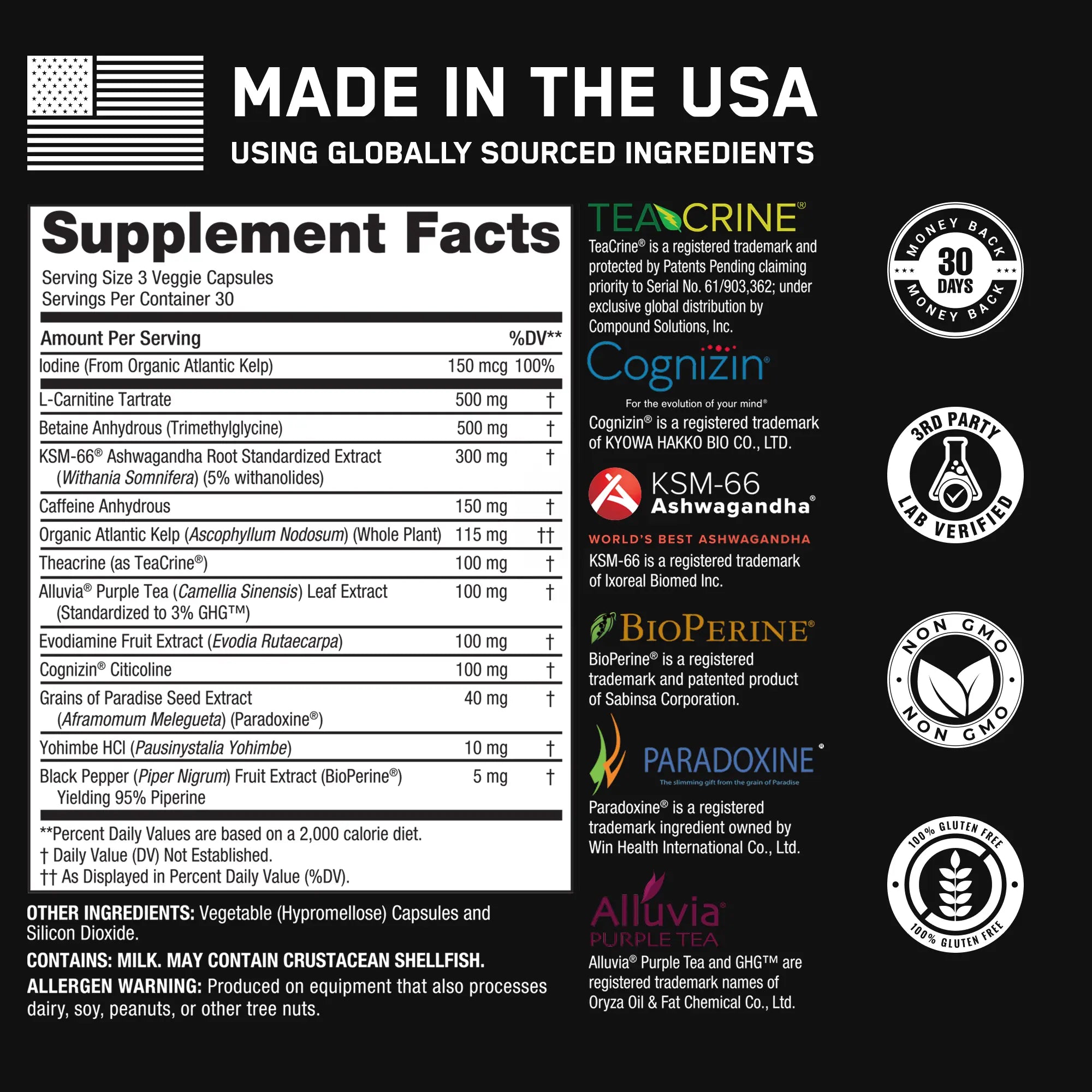 Shredded Steel® dietary supplement label detailing ingredients, serving size, and benefits; includes certified logos and promotes fat loss, metabolism boost, energy, focus, and appetite suppression.