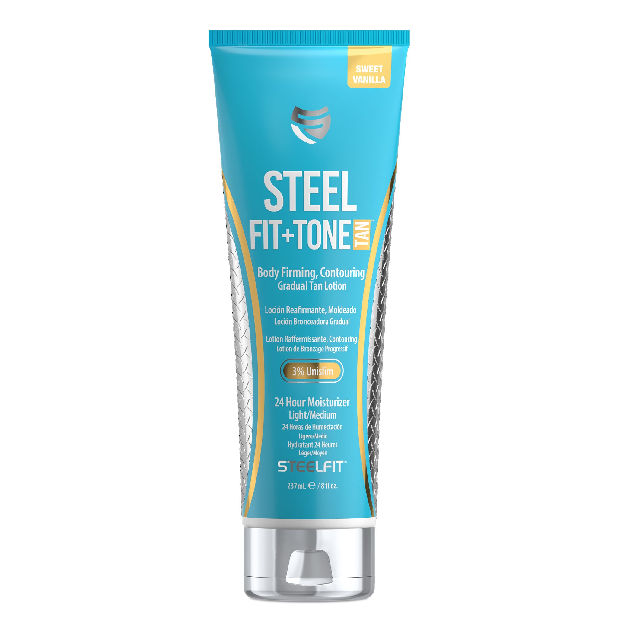 Steel Fit + Tone & Tan tube, a Sweet Vanilla-scented body-firming gradual tan lotion for a bronzed, sculpted look, featuring 3% Unislim and 2% DHA.