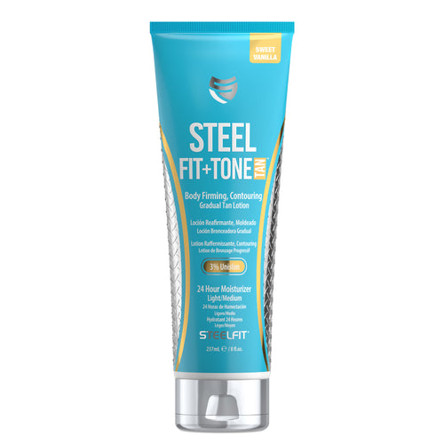 Steel Fit + Tone & Tan tube, a Sweet Vanilla-scented body-firming gradual tan lotion for a bronzed, sculpted look, featuring 3% Unislim and 2% DHA.