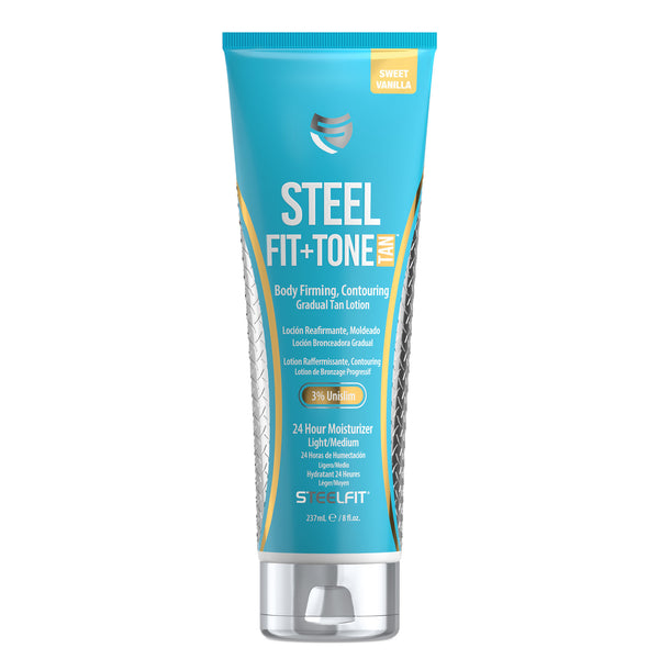 Steel Fit + Tone & Tan tube, a Sweet Vanilla-scented body-firming gradual tan lotion for a bronzed, sculpted look, featuring 3% Unislim and 2% DHA.