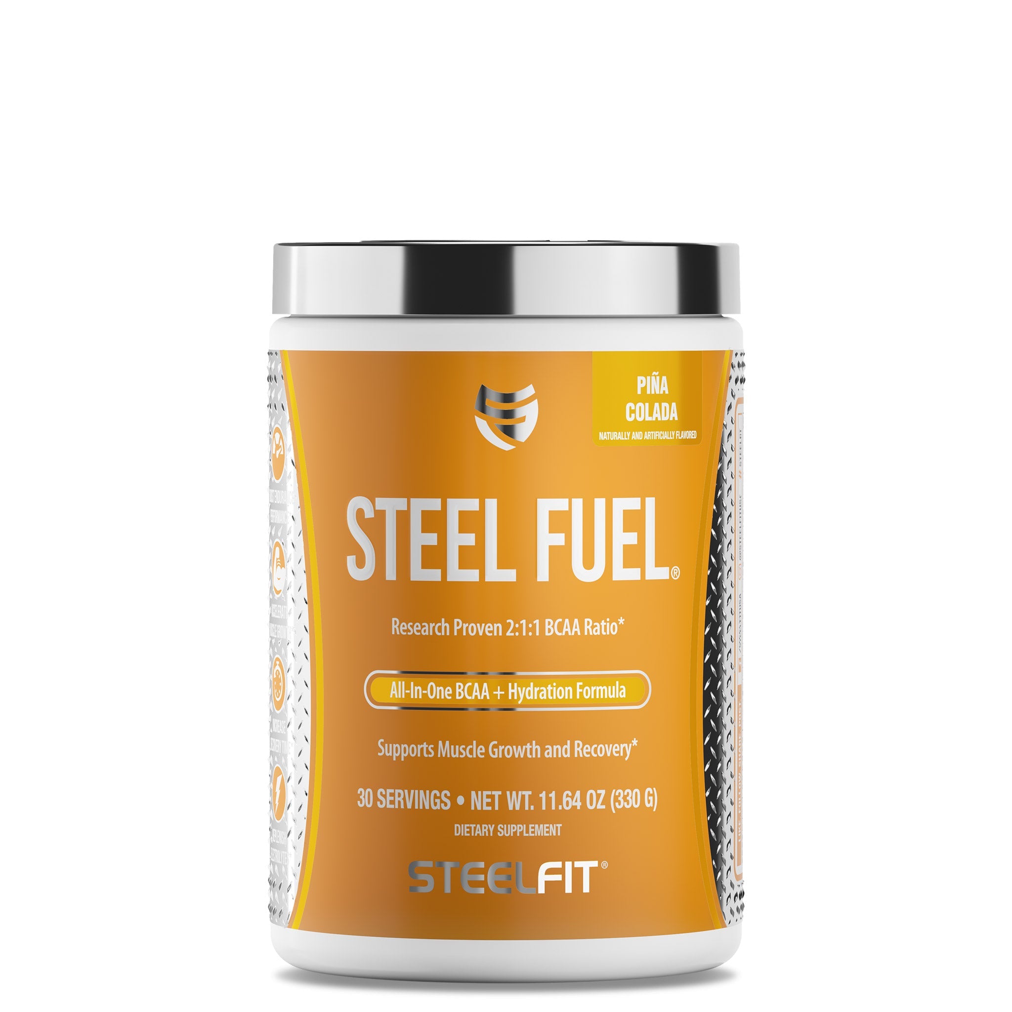 Steel Fuel® (100% off) Piña Colada flavor BCAA supplement tub from SteelFit, promoting muscle growth and recovery with 30 servings of a 2:1:1 amino acid ratio.