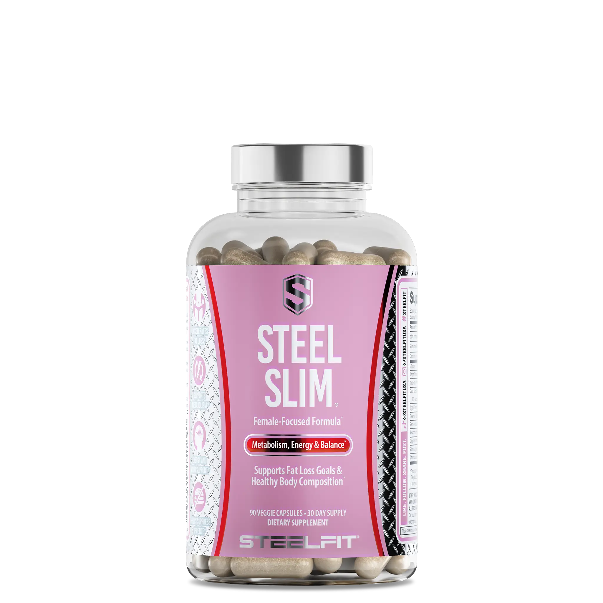 Steel Slim® supplement bottle with beige veggie capsules, featuring a female-focused formula for metabolism, energy, and fat loss support. 90 capsules, 30-day supply by SteelFit.