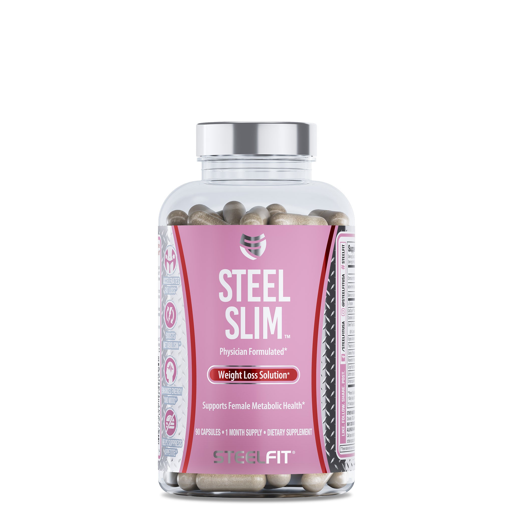 Steel Slim® bottle with labeled pills, featuring metabolism-boosting and fat-burning benefits for women, from SteelFit USA's sports nutrition line.