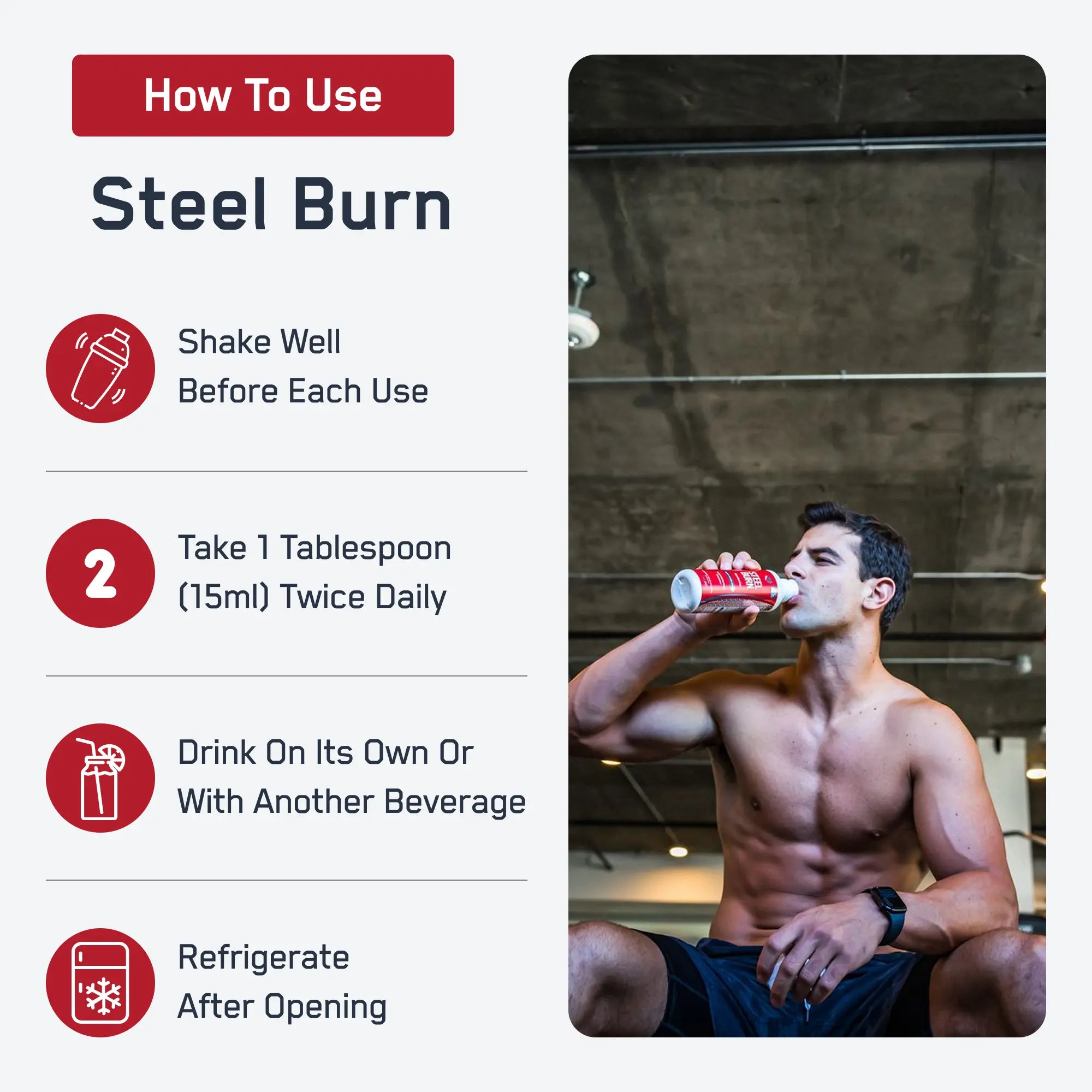 Steel Burn® usage guide with athletic man in gym drinking the supplement, emphasizing its stimulant-free, metabolism-boosting, and fat-converting benefits for weight management.